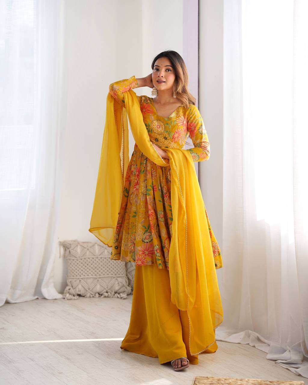 Women's Pure Romansilk Chanderi Printed Anarkali Kurti With Palazzo & Dupatta Set