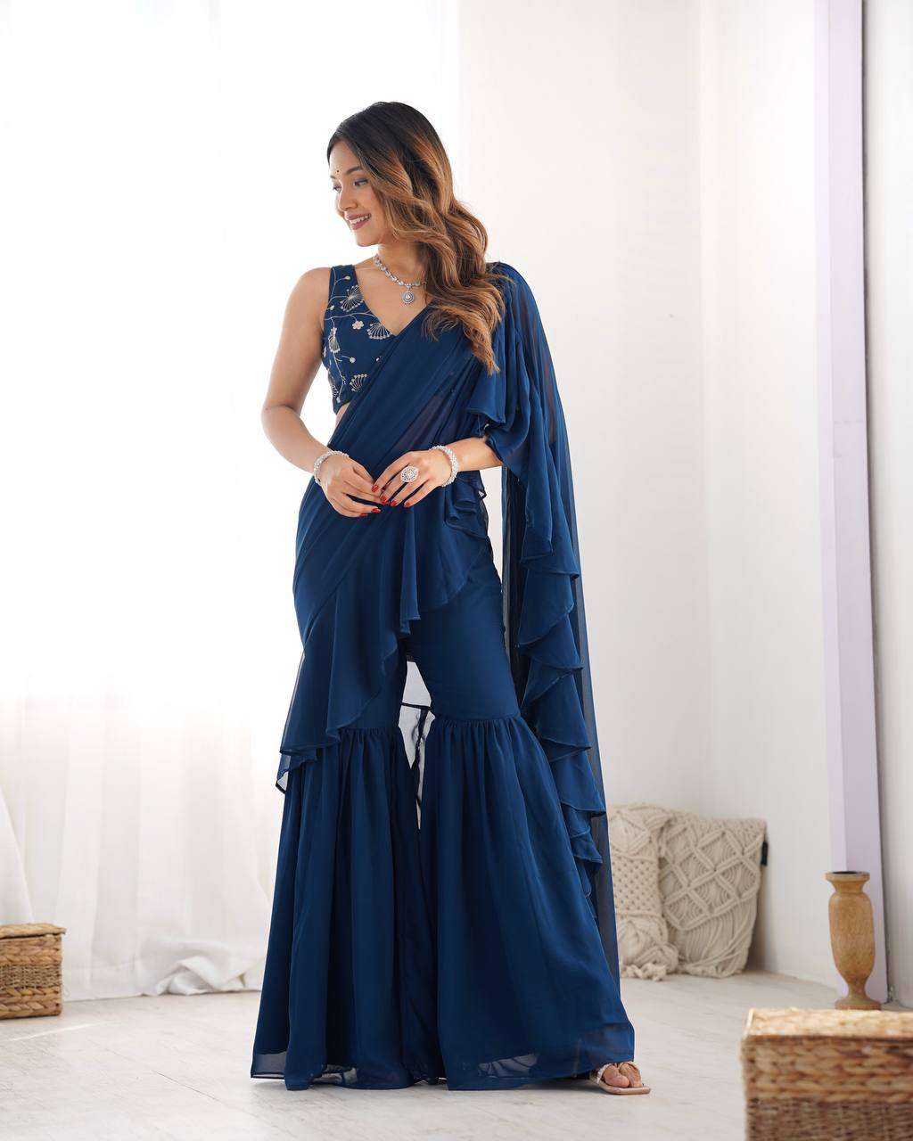 Women's Pure Romansilk Chanderi Embroidered Crop Top With Ruffled Sharara & Draped Dupatta Set
