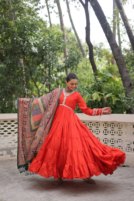 Fanta Gown with Dupatta – Frill Stitching & Mirror Lace Work Ethnic Set for Women