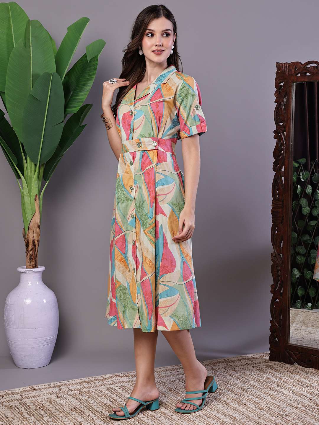 Women's Pastel Abstract Print Button-Down Cotton Midi Dress