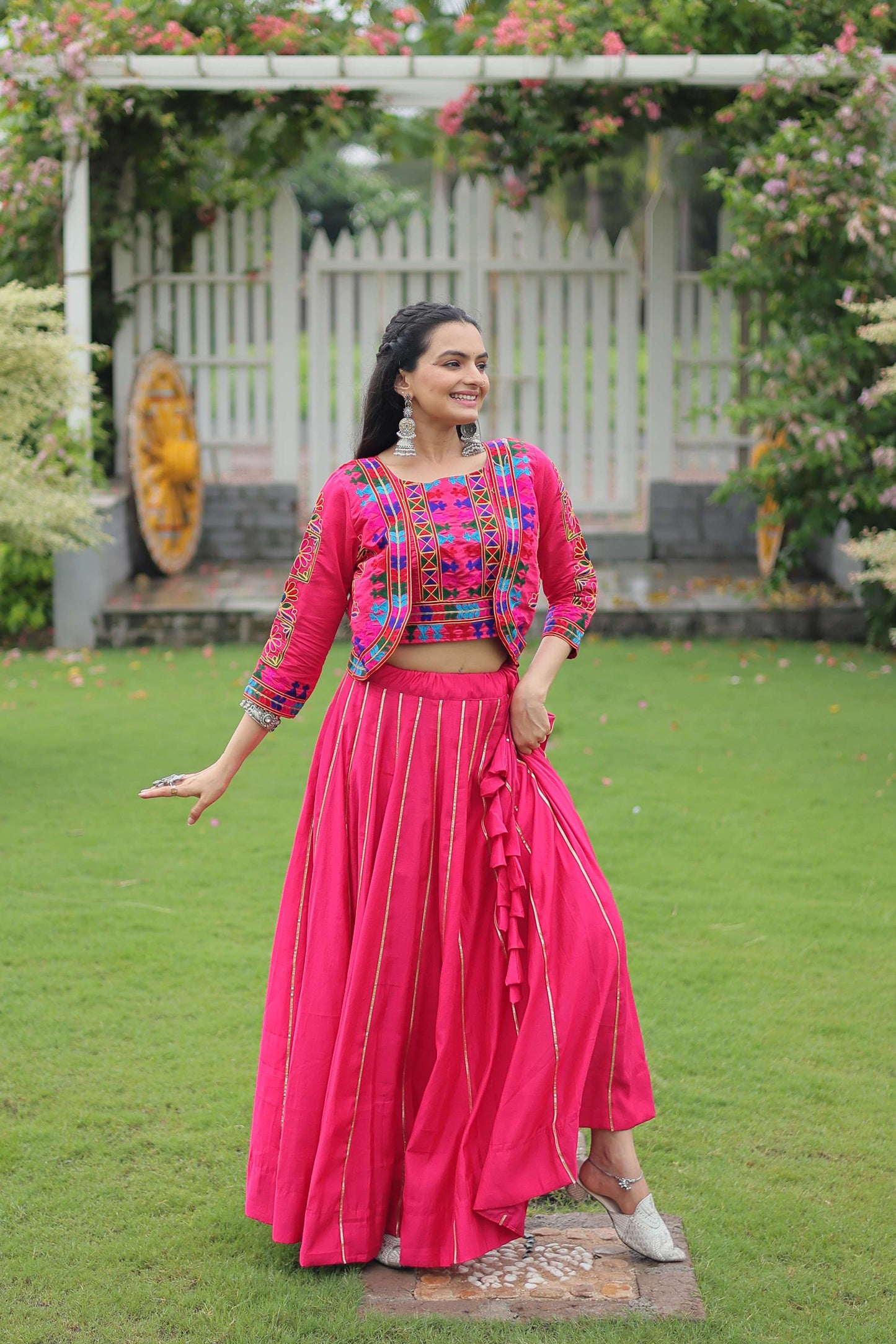 Vibrant Roman Fabric Navratri Lehenga Choli Set with Koti Blouse