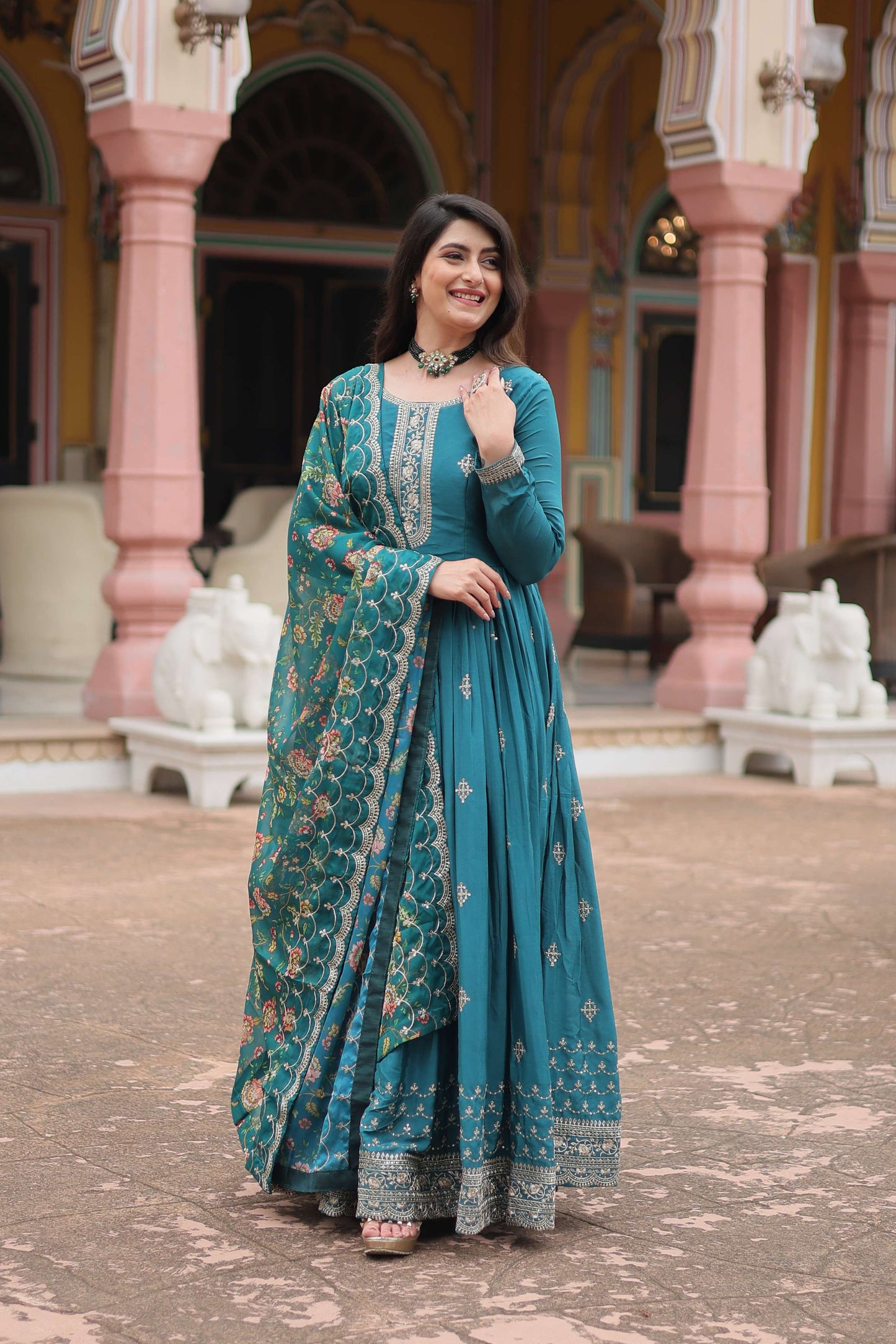 Rama Designer Chinon Sequins Embroidered Gown with Kalamkari Silk Dupatta