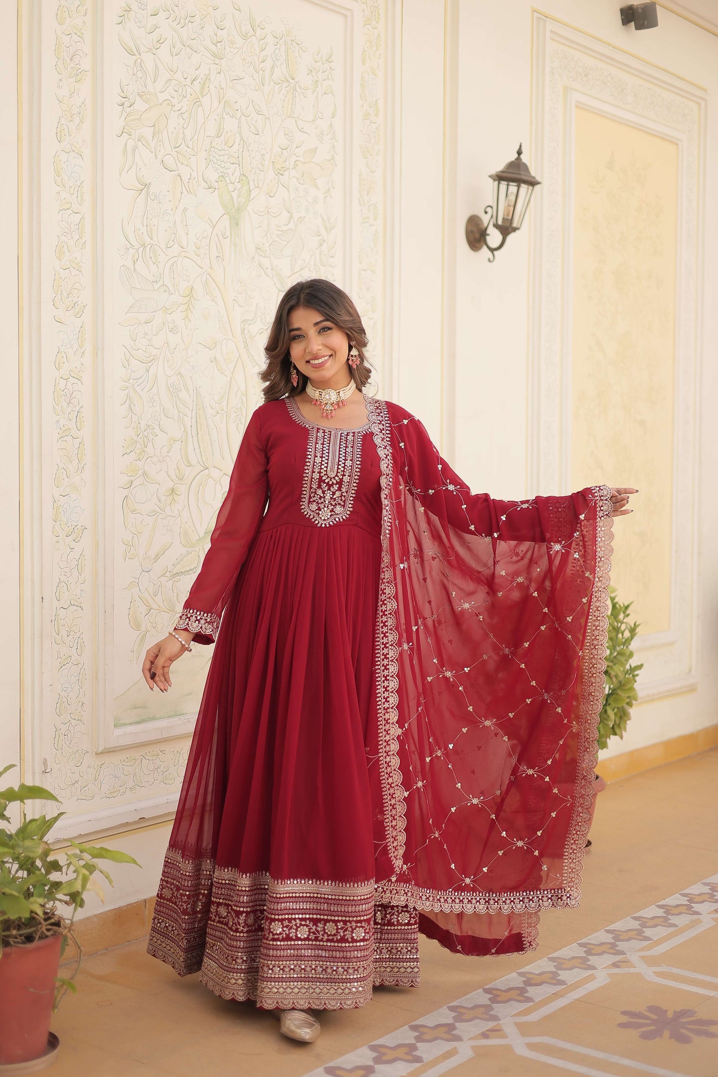 Maroon Faux Blooming Sequins Embroidered Gown with Matching Dupatta  Festive & Party Wear 2024