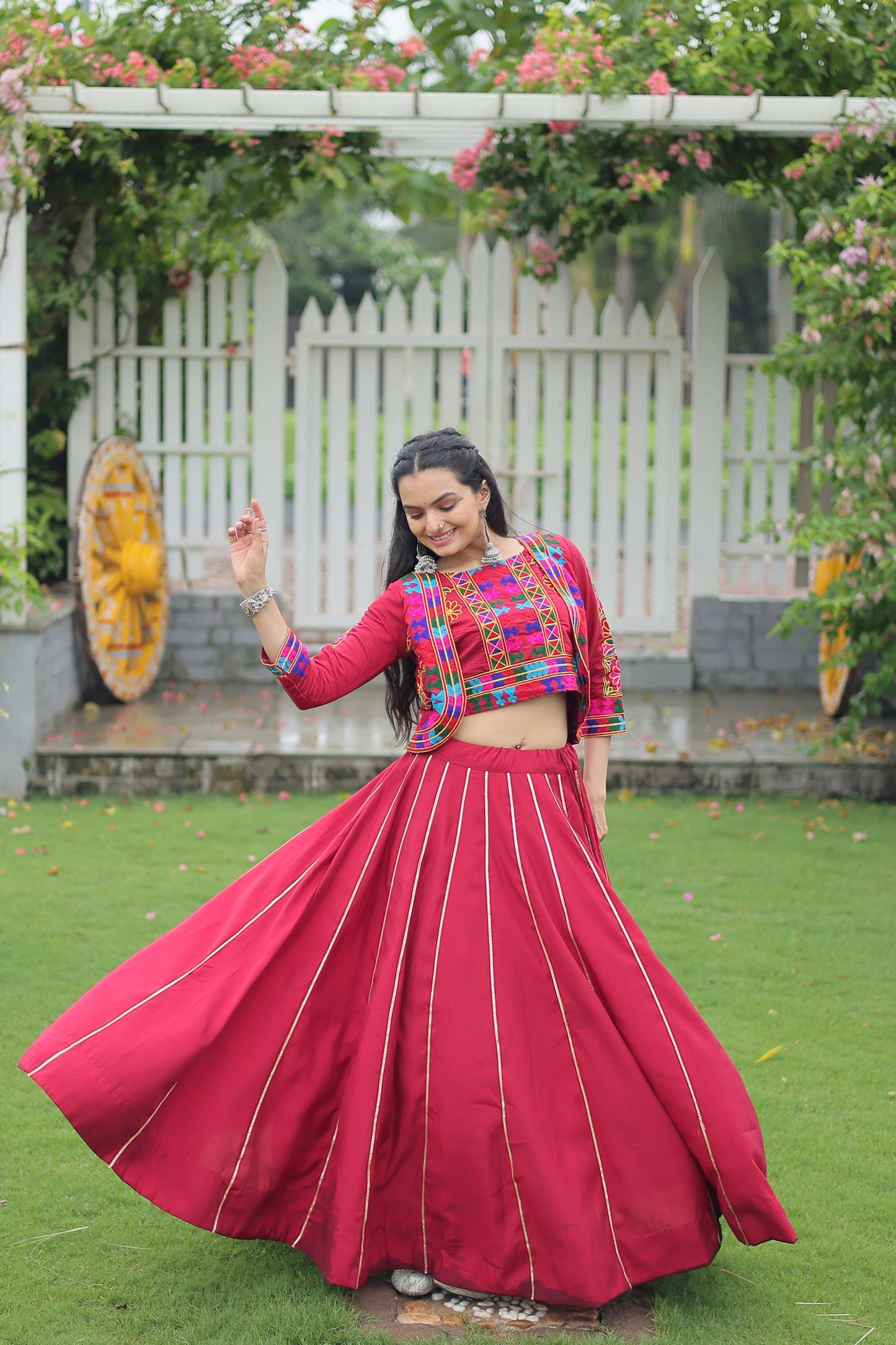 Vibrant Roman Fabric Navratri Lehenga Choli Set with Koti Blouse