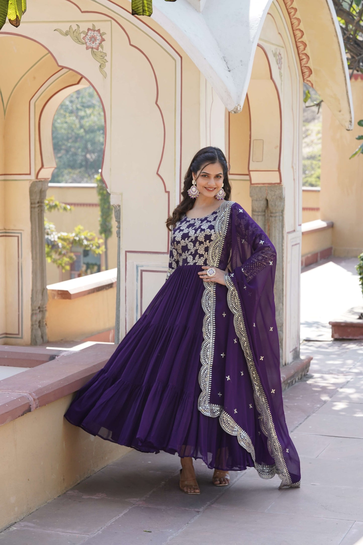 Purple Faux Blooming Designer Gown with Sequined Dupatta  Elegant Fully Flared Ready-to-Wear Set