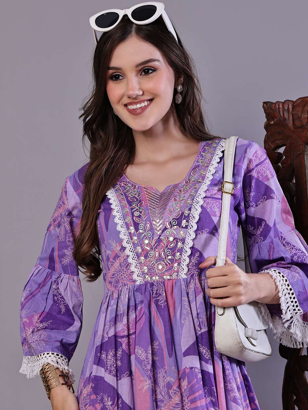 Wome's Purple Floral Cotton A-Line Dress with Lace Detailing Midi Dresses