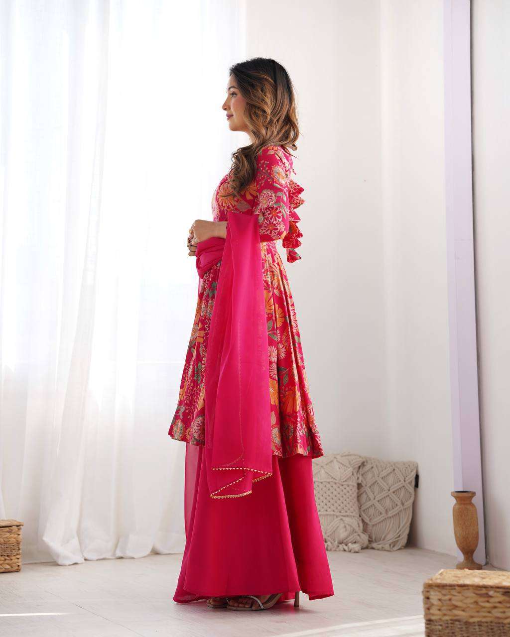Women's Pure Romansilk Chanderi Printed Anarkali Kurti With Palazzo & Dupatta Set
