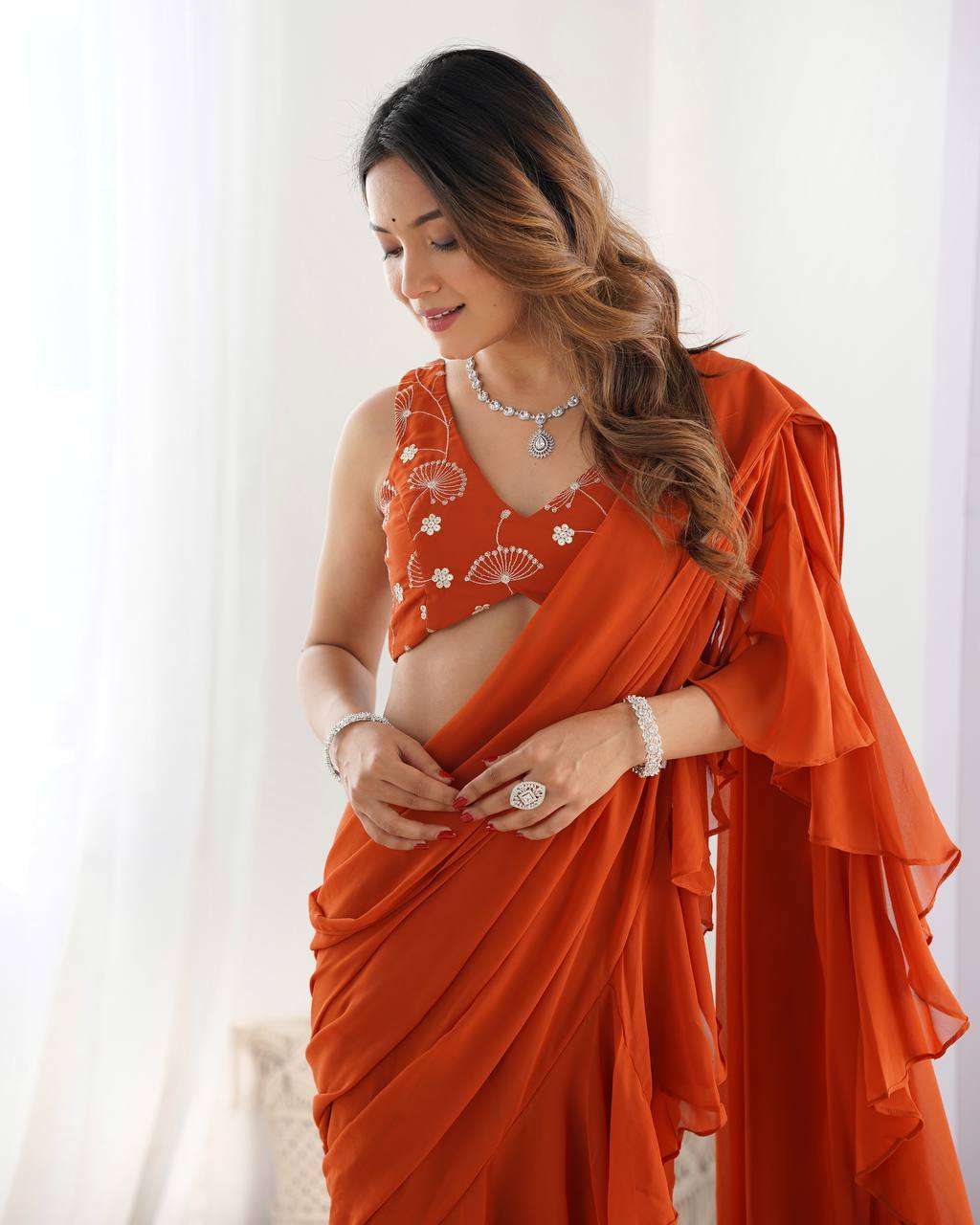 Women's Pure Romansilk Chanderi Embroidered Crop Top With Ruffled Sharara & Draped Dupatta Set