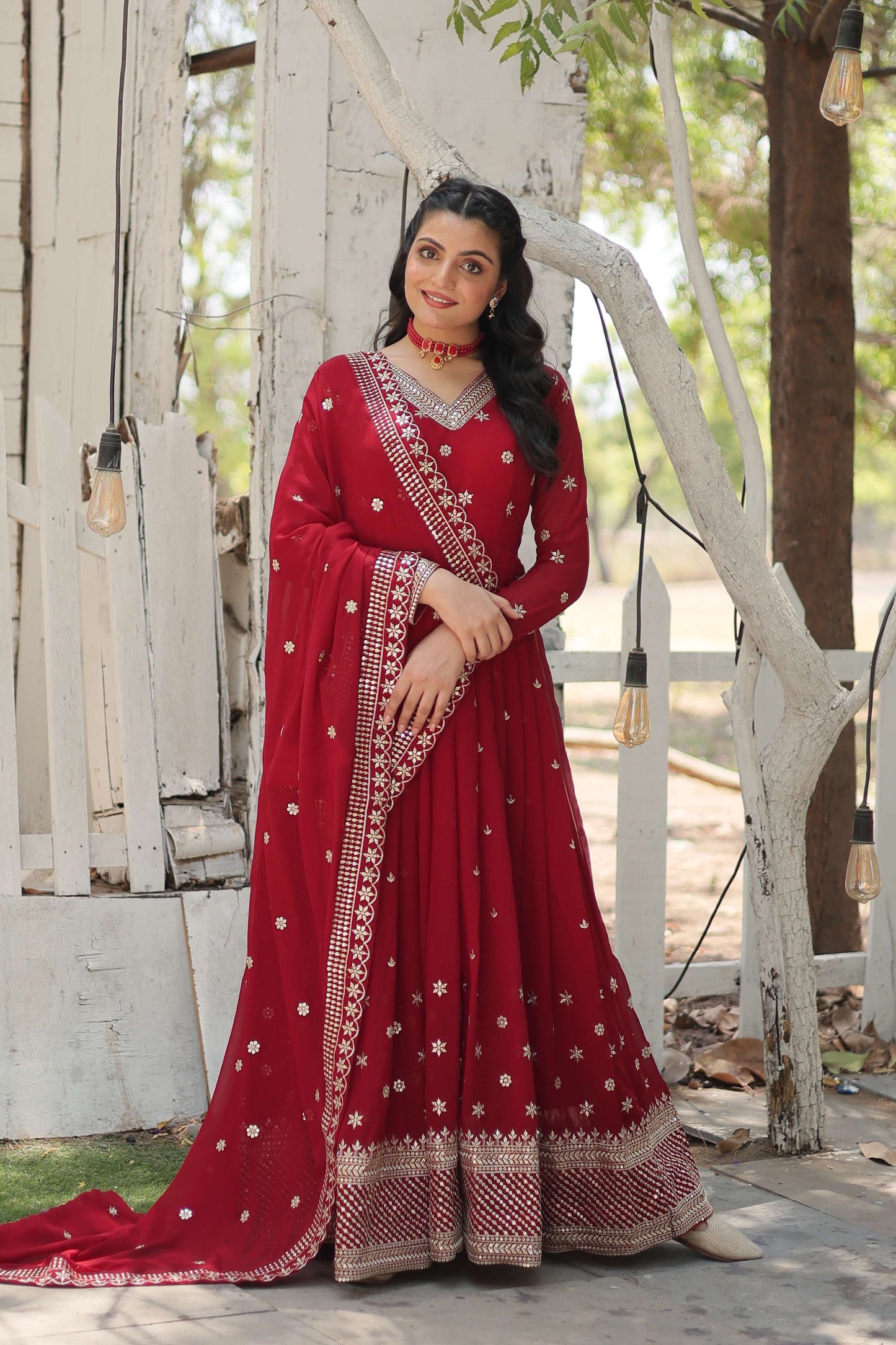 Maroon Designer Faux Blooming Anarkali Gown with Sequins Embroidered Dupatta  Wedding & Festive Wear