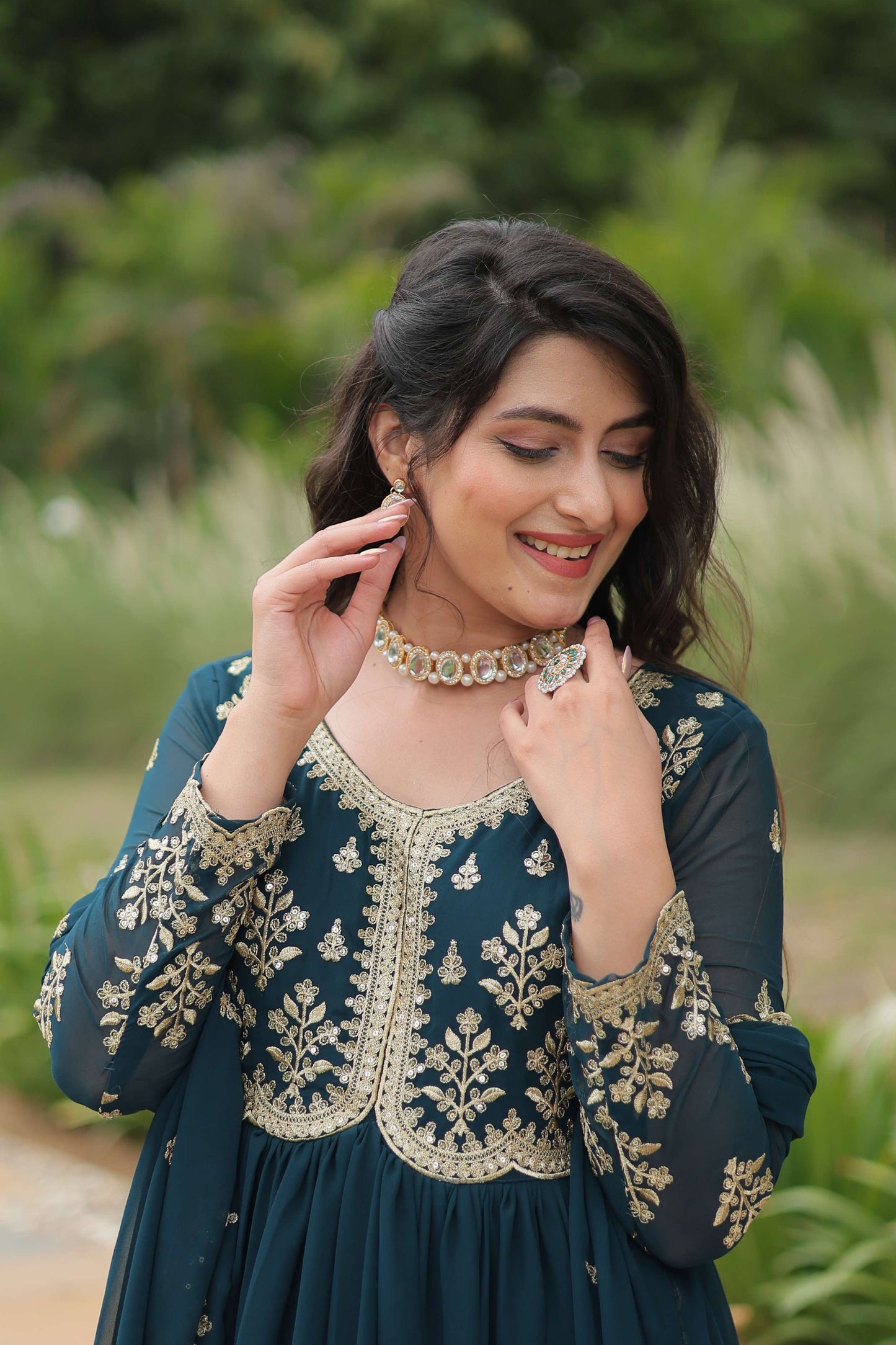 Teal-Blue Elegant Kutchi Gamthi Work Reyon Gown with Heavy Flair