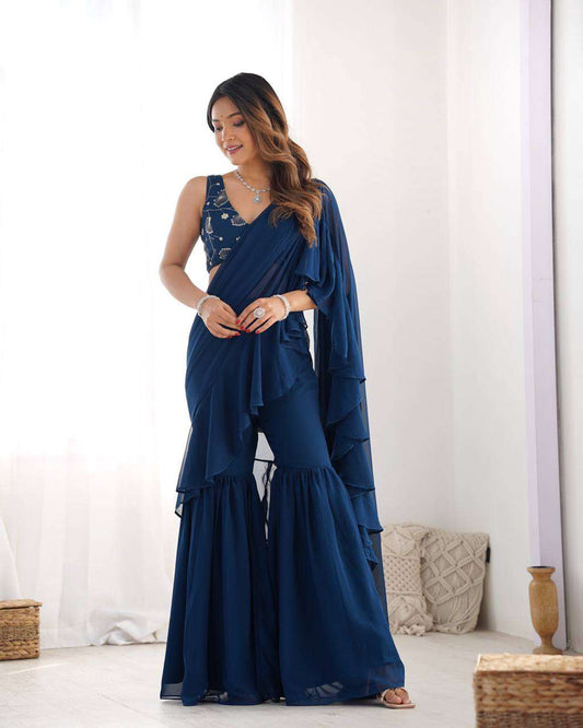 Women's Pure Romansilk Chanderi Embroidered Crop Top With Ruffled Sharara & Draped Dupatta Set