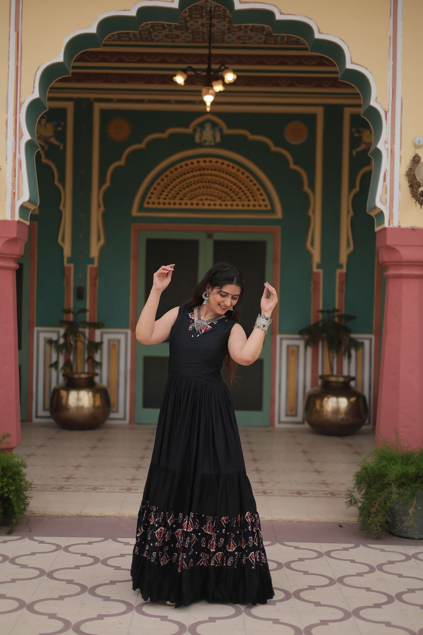Black Designer Heavy Reyon Gown with Printed Frill & Fancy V-Neck
