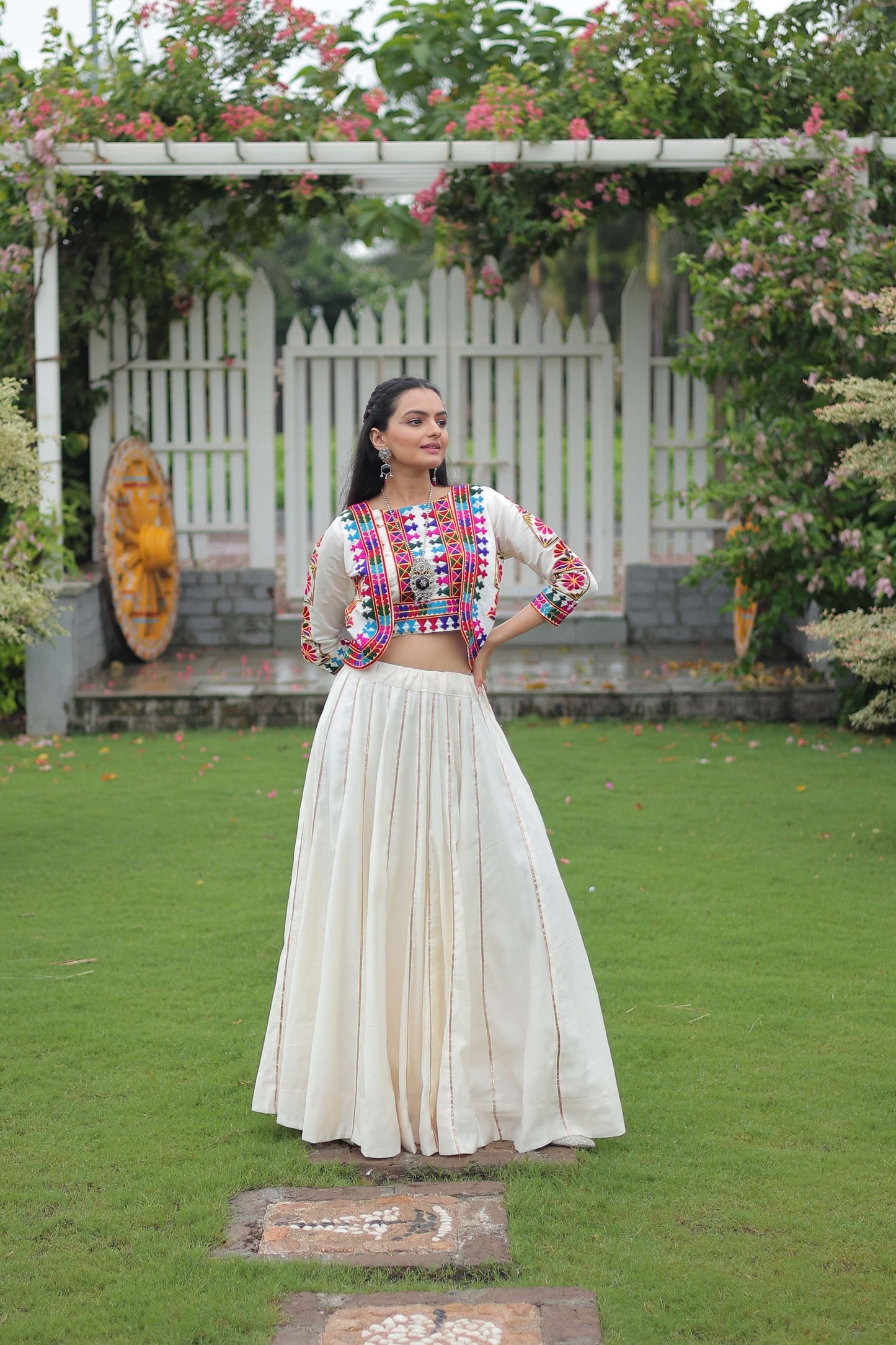 Vibrant Roman Fabric Navratri Lehenga Choli Set with Koti Blouse
