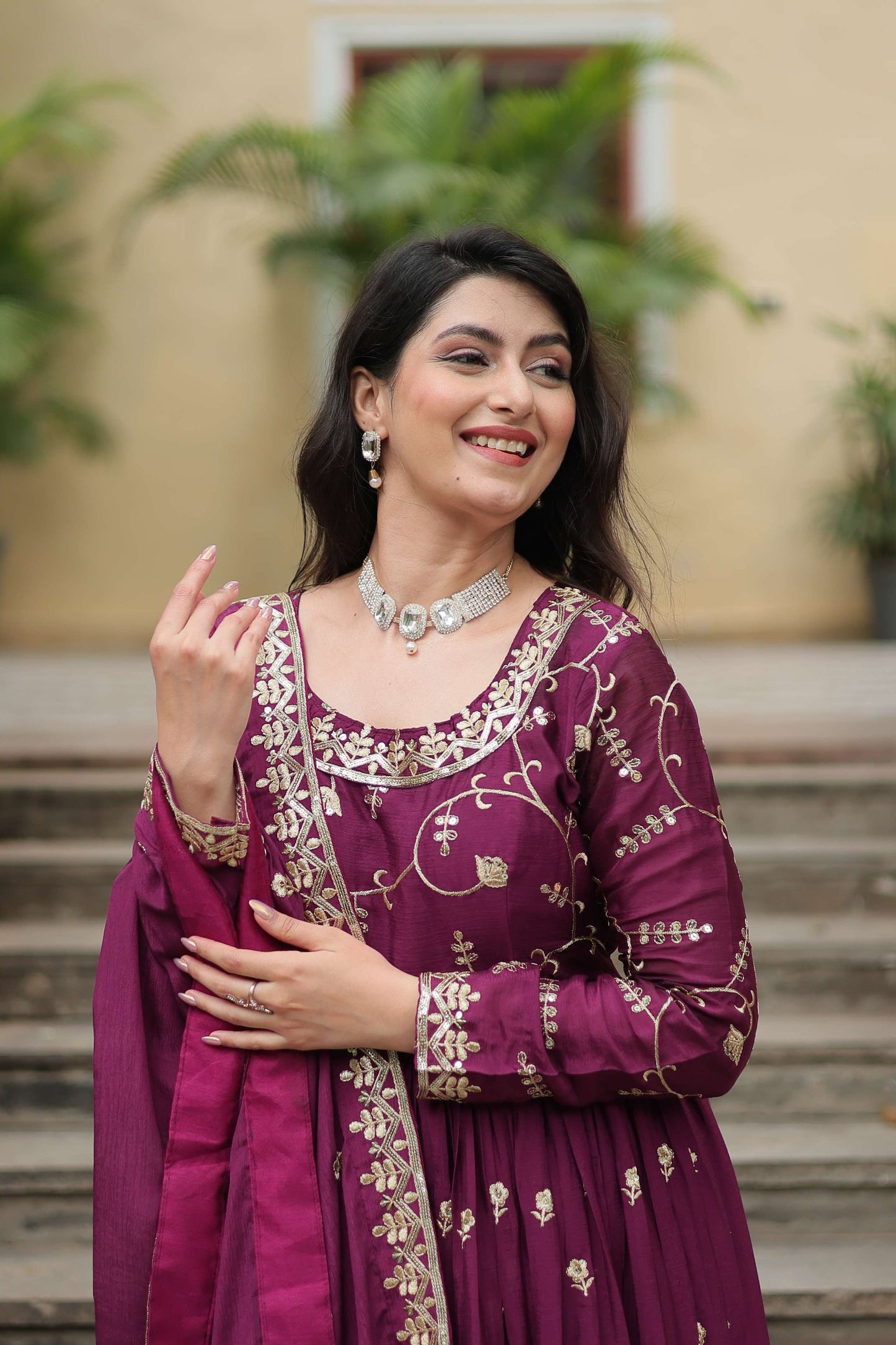 Wine Premium Chinon Sequins Embroidered Kurti with Sharara & Dupatta Set
