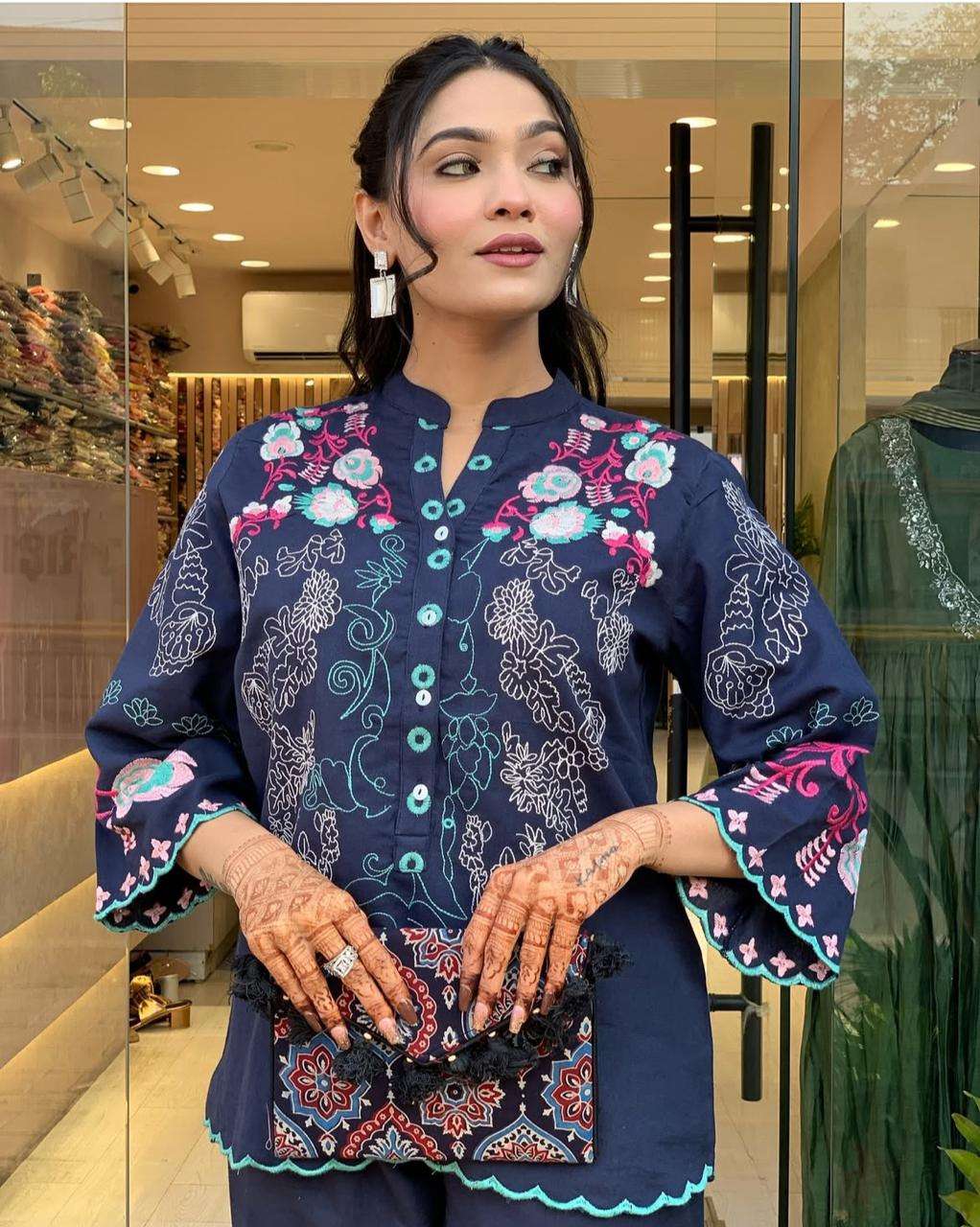 Women's Cotton Embroidery Straight Kurti With Pant Set