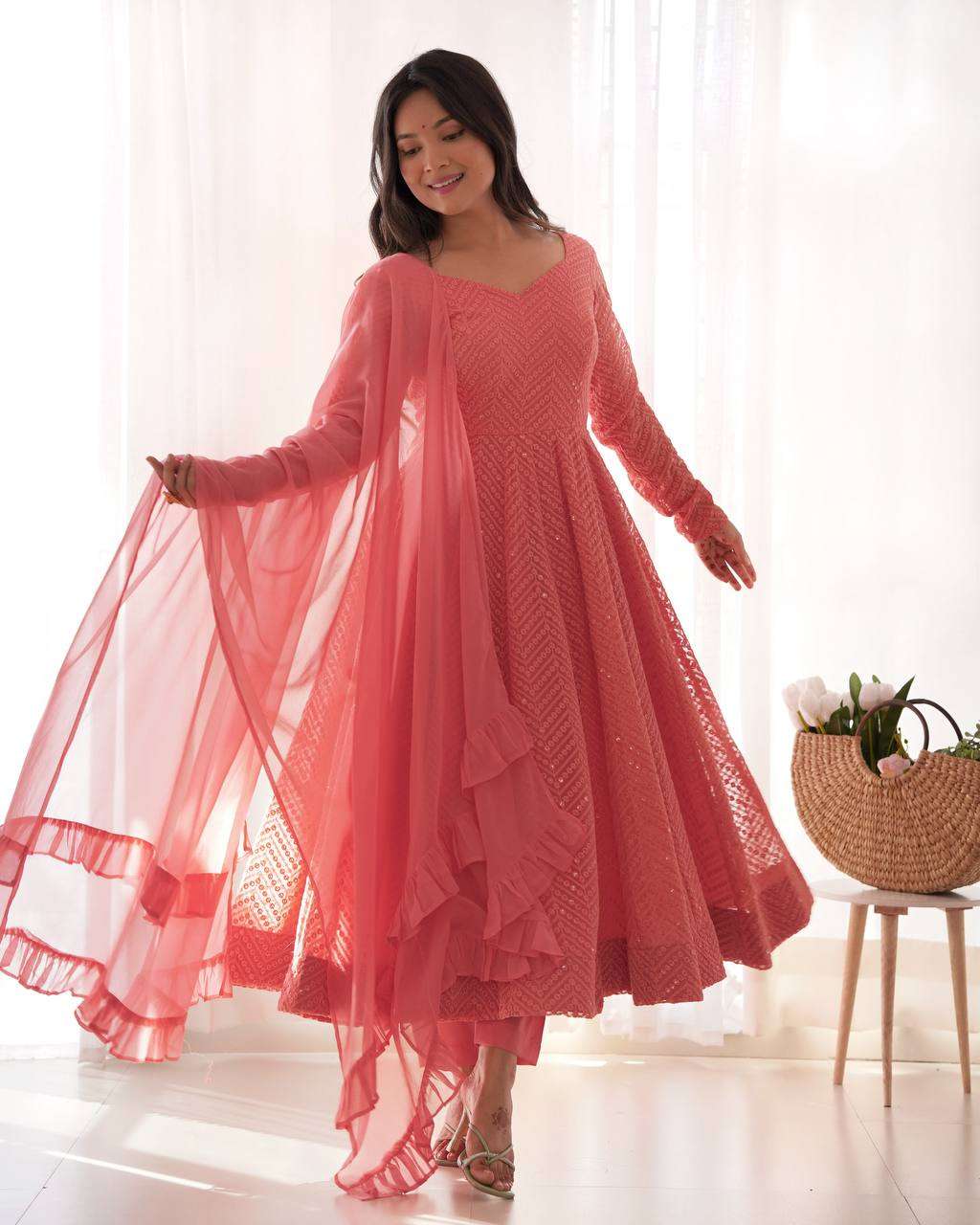 Womens Pure Romansilk Chanderi Embroidered Anarkali Kurti With Dupatta & Pant Set