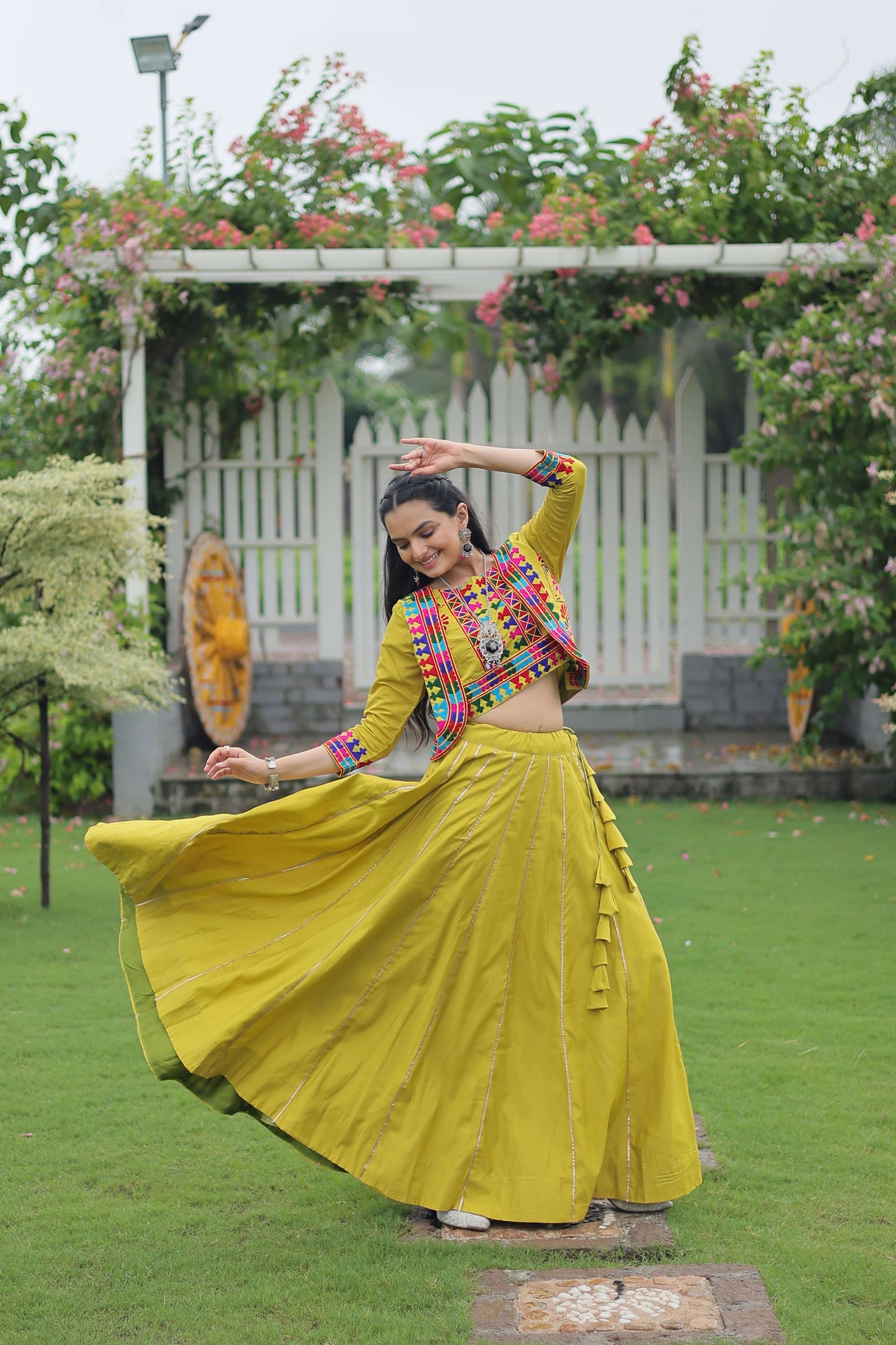 Vibrant Roman Fabric Navratri Lehenga Choli Set with Koti Blouse