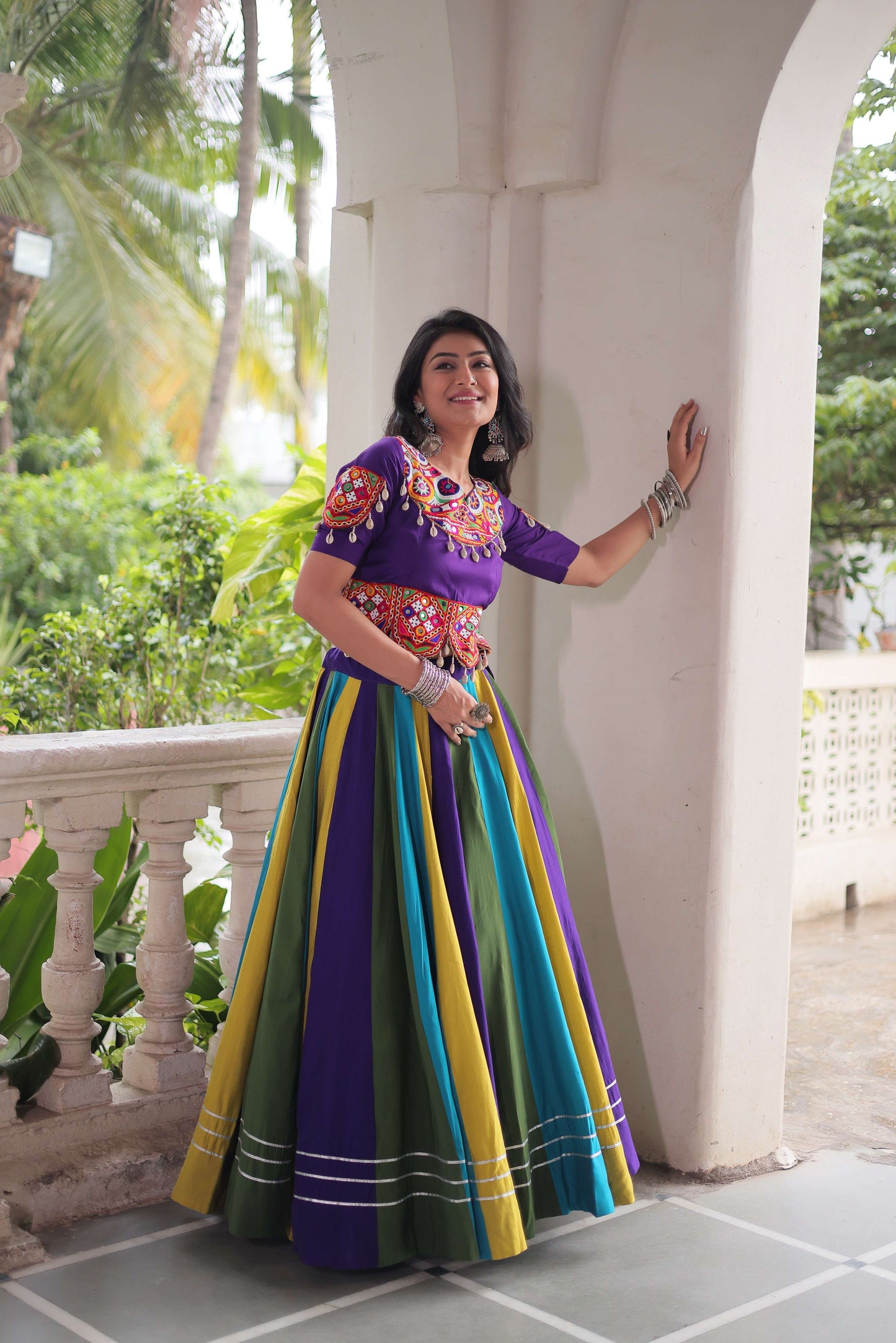Multicolor Roman Fabric Navratri Lehenga Choli Set with Mirror & Gota Lace