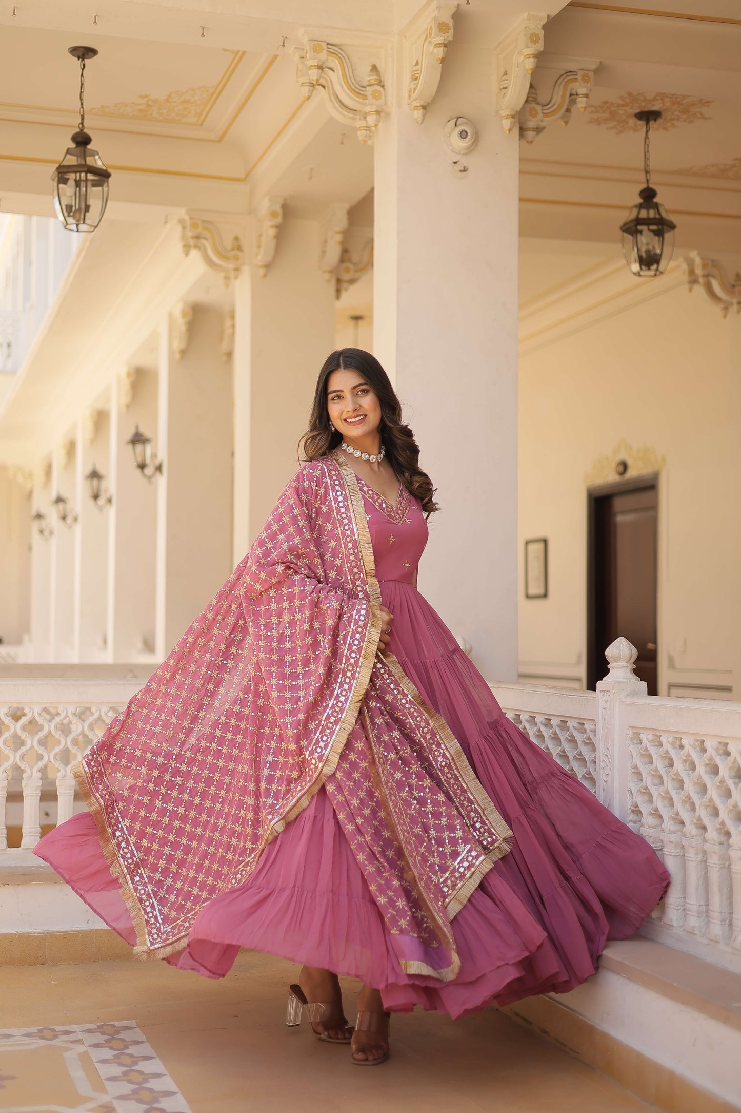 Onion Designer Faux Georgette Gown with Sequined Dupatta  Elegant Festive & Party Wear Set