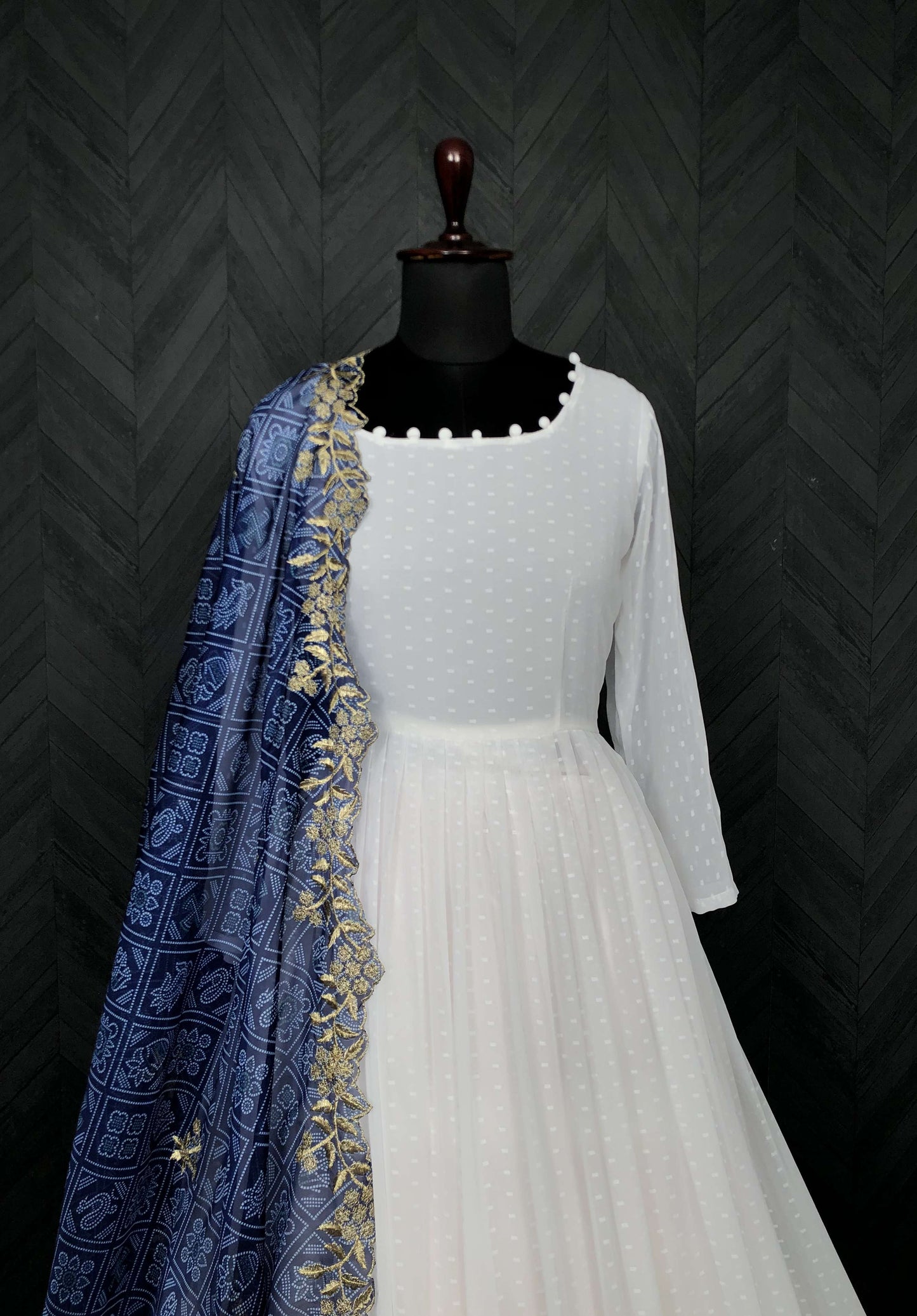 Elegant White And Blue Georgette Gown with Soft Organza Dupatta  Premium Designer Ready-to-Wear Set