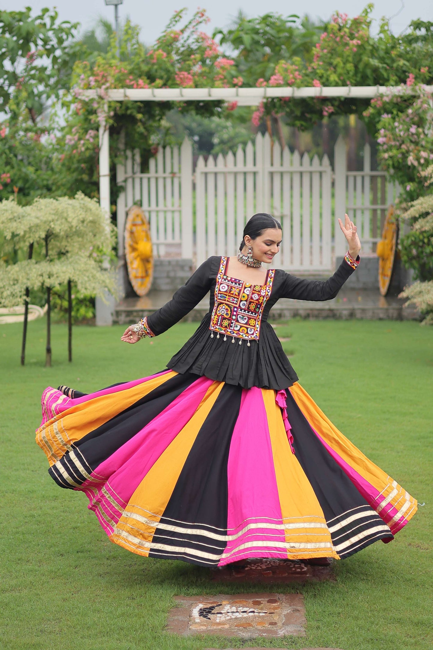 Multicolor Navratri Lehenga Choli Set with Black Peplum Top