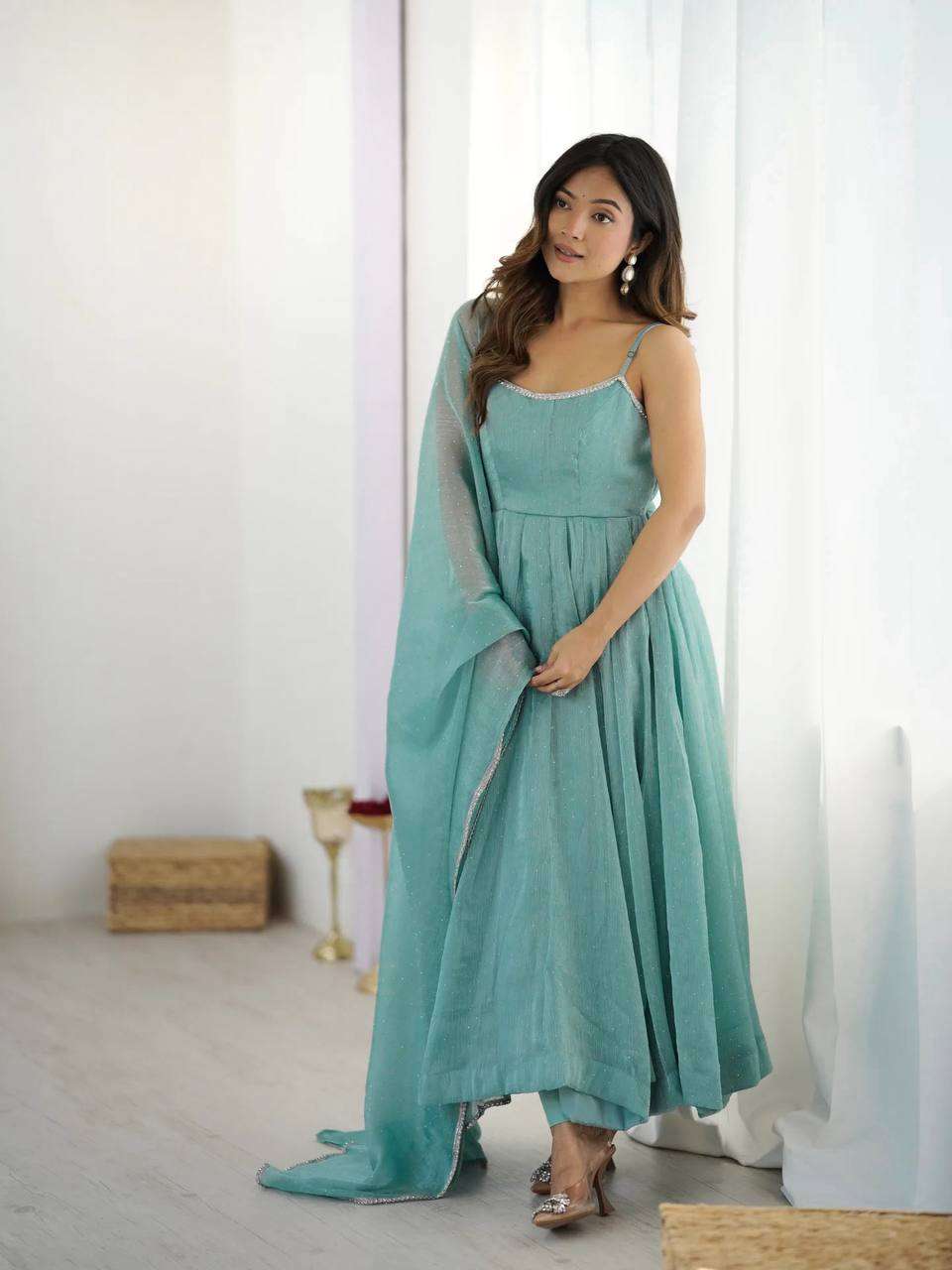Womens Crunchy Silk Anarkali Kurti with Pant & Dupatta Set