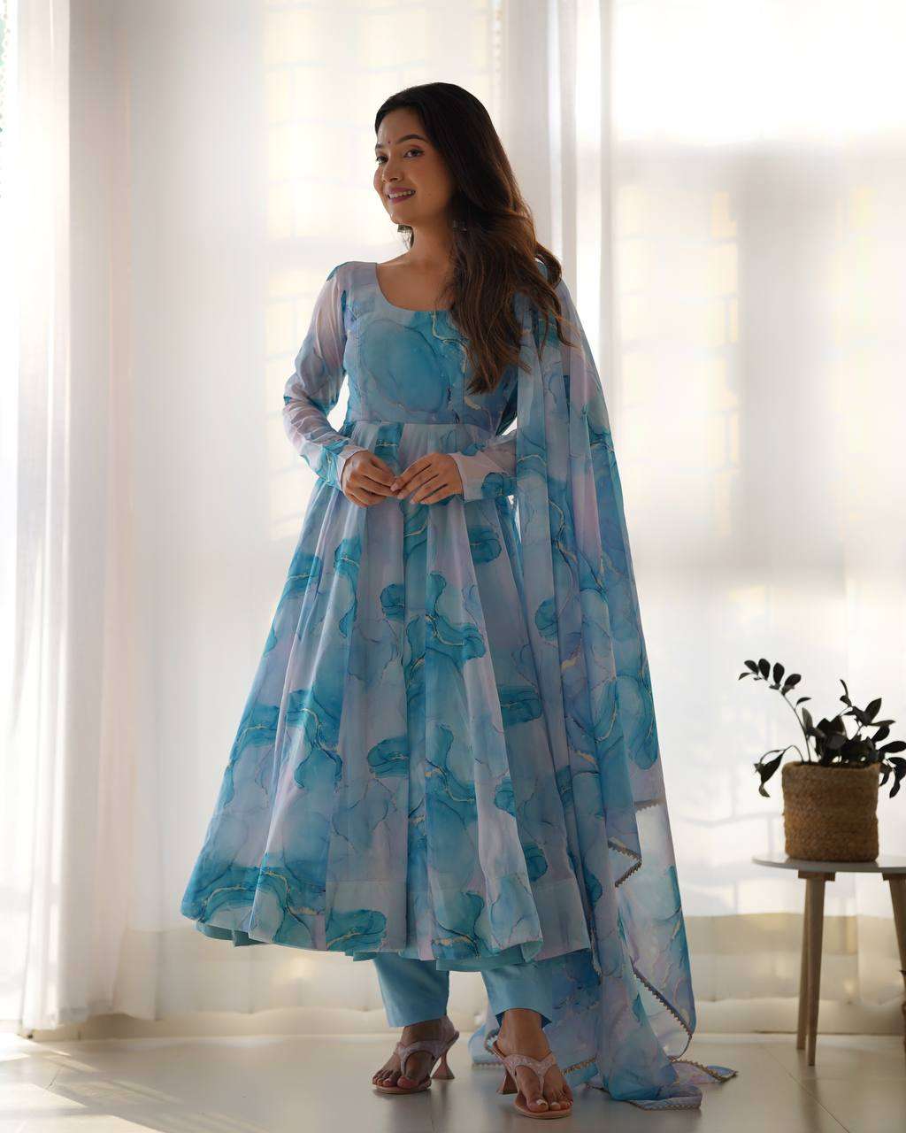 Womens Crunchy Silk Anarkali Kurti with Pant & Dupatta Set