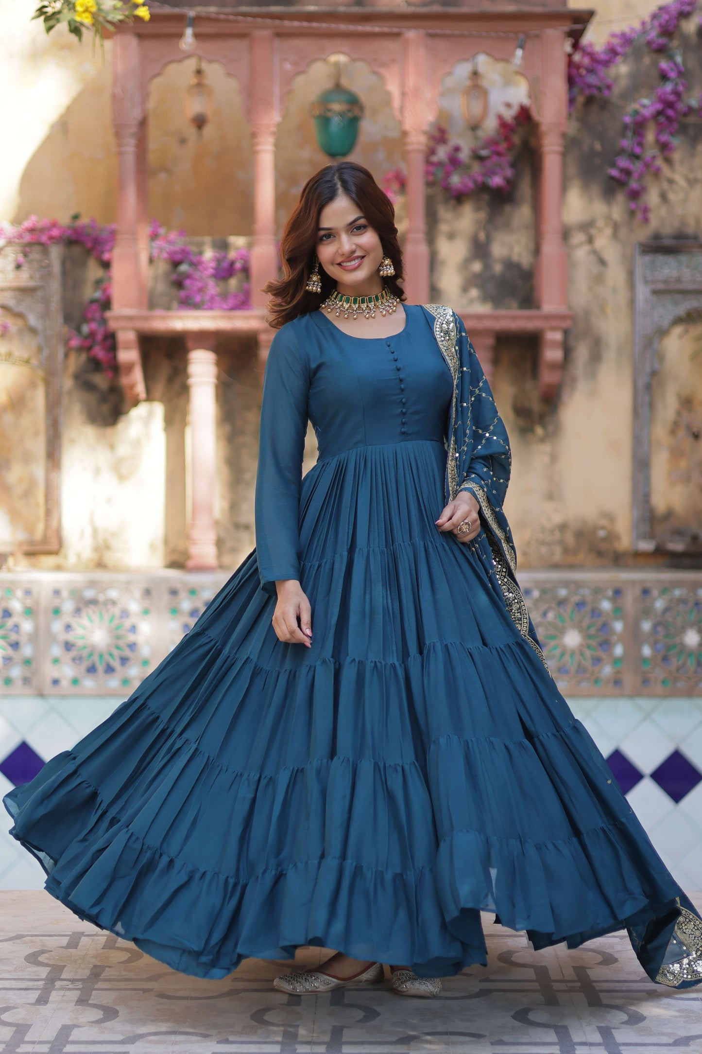 Rama Star Georgette Fully Flared Gown with Sequins Embroidered Dupatta