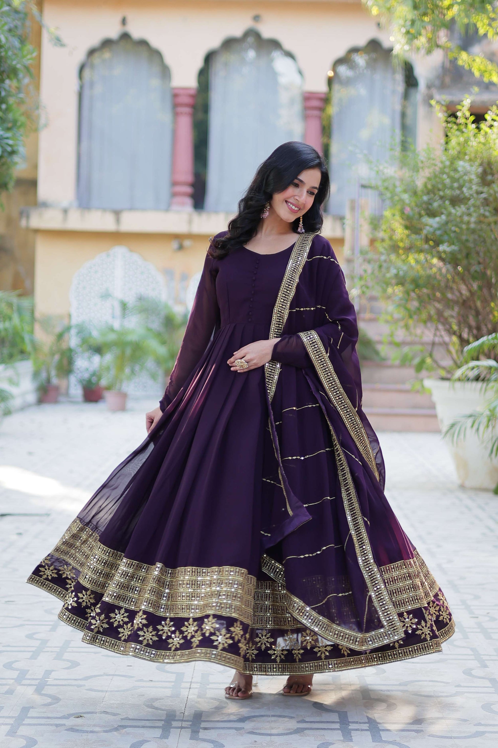 Wine Faux Blooming Gown with Multi-Sequins Embroidered Dupatta