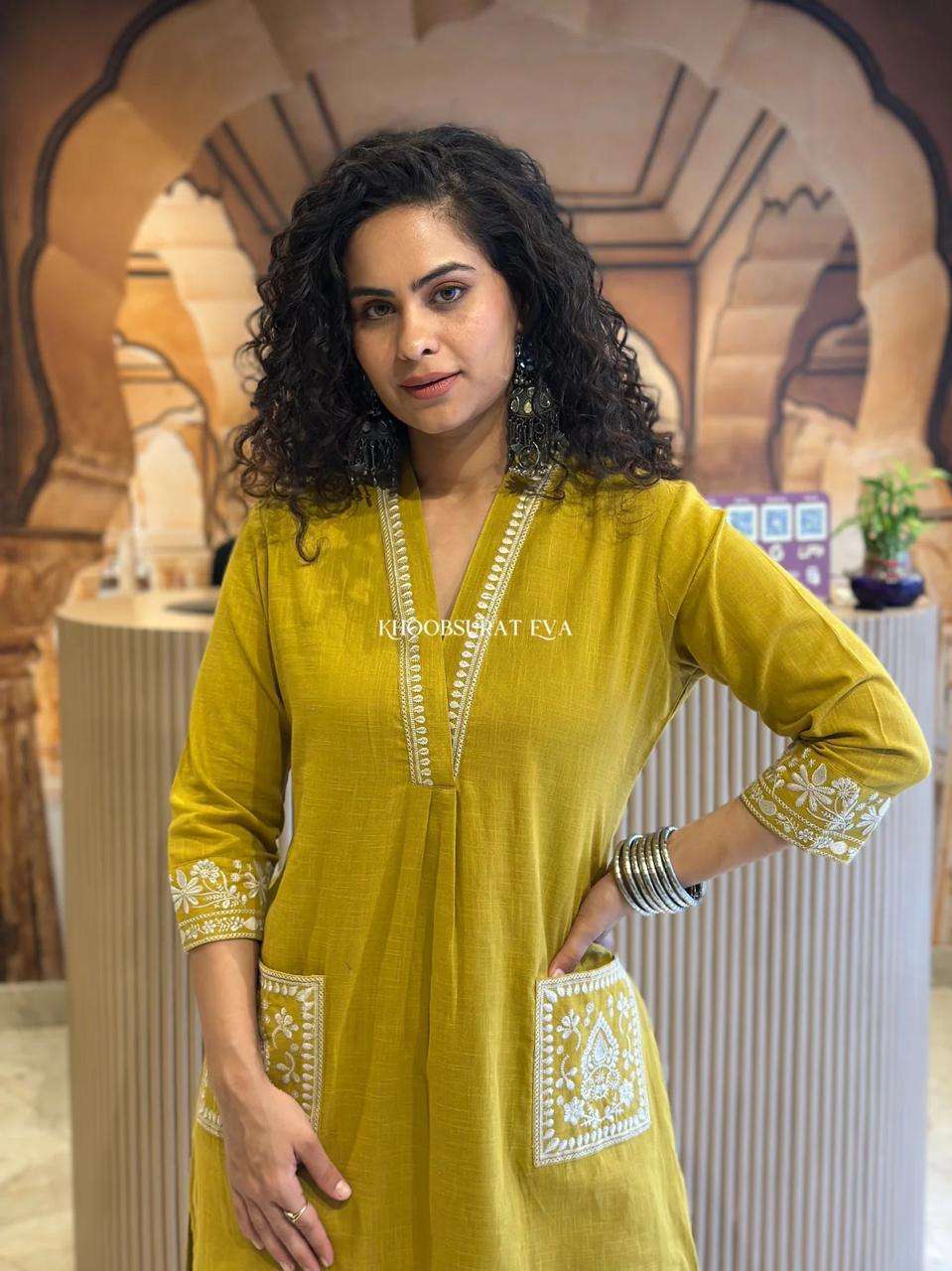 Women's Cotton Embroidery Straight Kurti With Pant Set