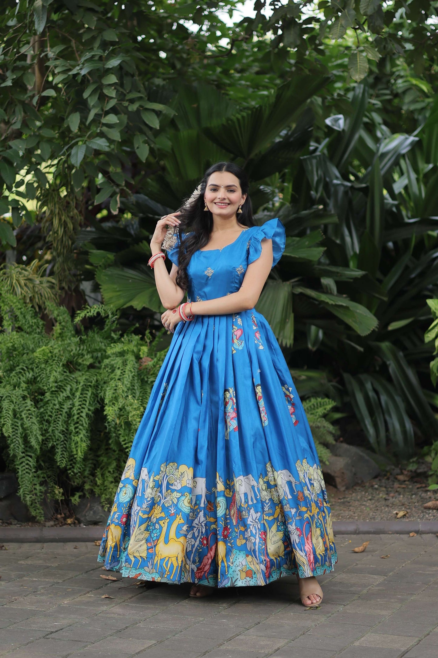 SKY Dola Silk Designer Gown  Sleeveless Fancy Round Neck Printed Womens Dress