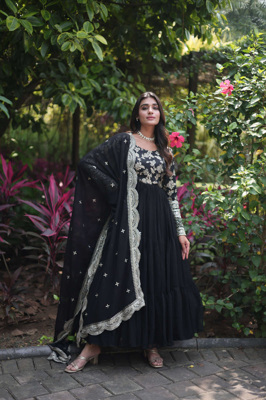 Black Faux Blooming Designer Gown with Sequined Dupatta  Fully Flared Ready-to-Wear Set