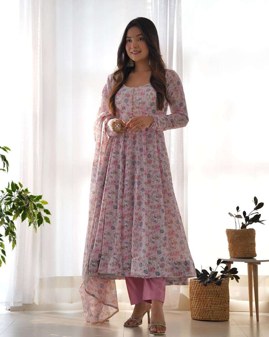 Womens Crunchy Silk Anarkali Kurti with Pant & Dupatta Set