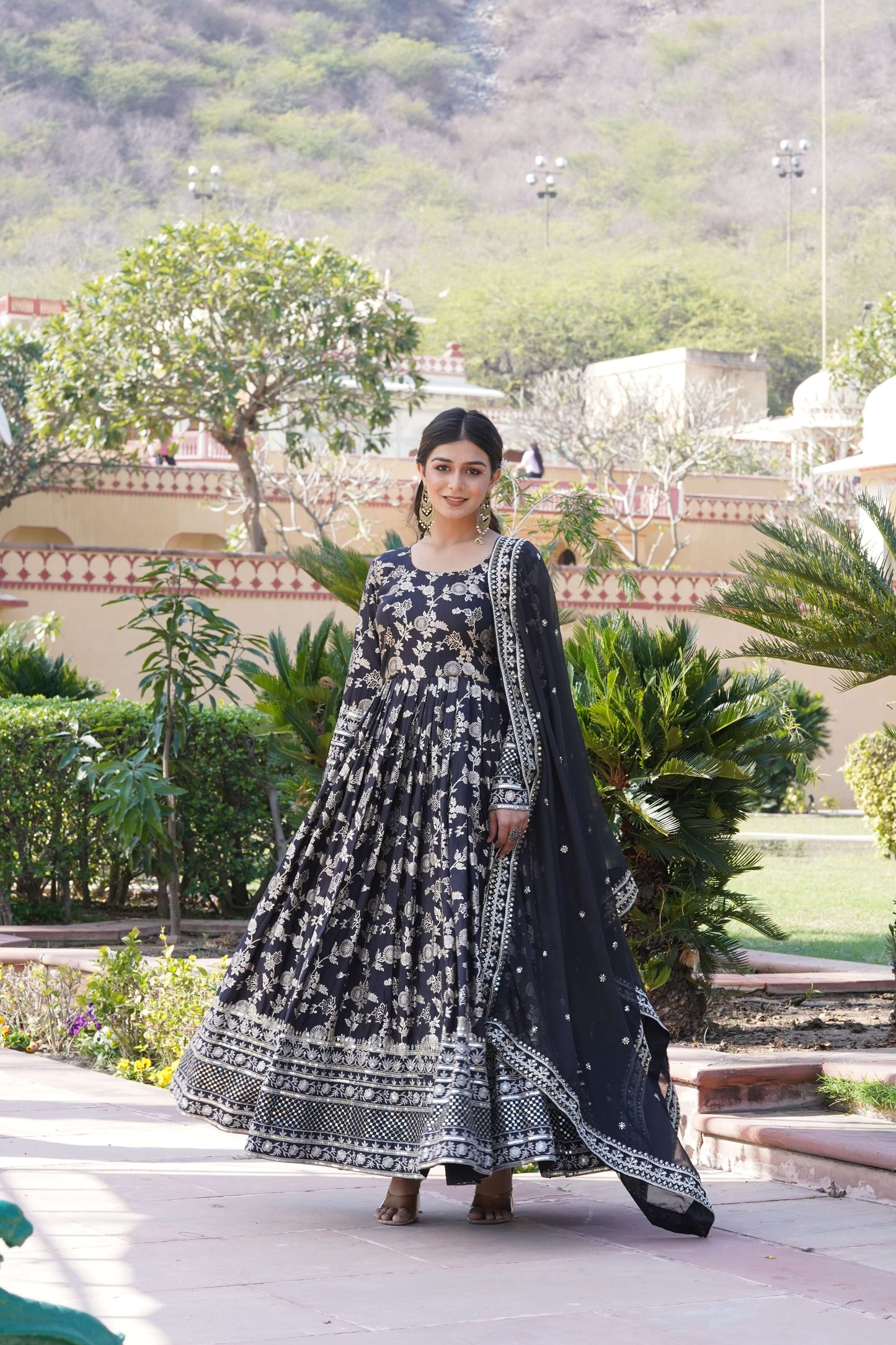 Black Viscose Dyable Jacquard Gown with Russian Silk Sequined Dupatta  Elegant Party & Wedding Set