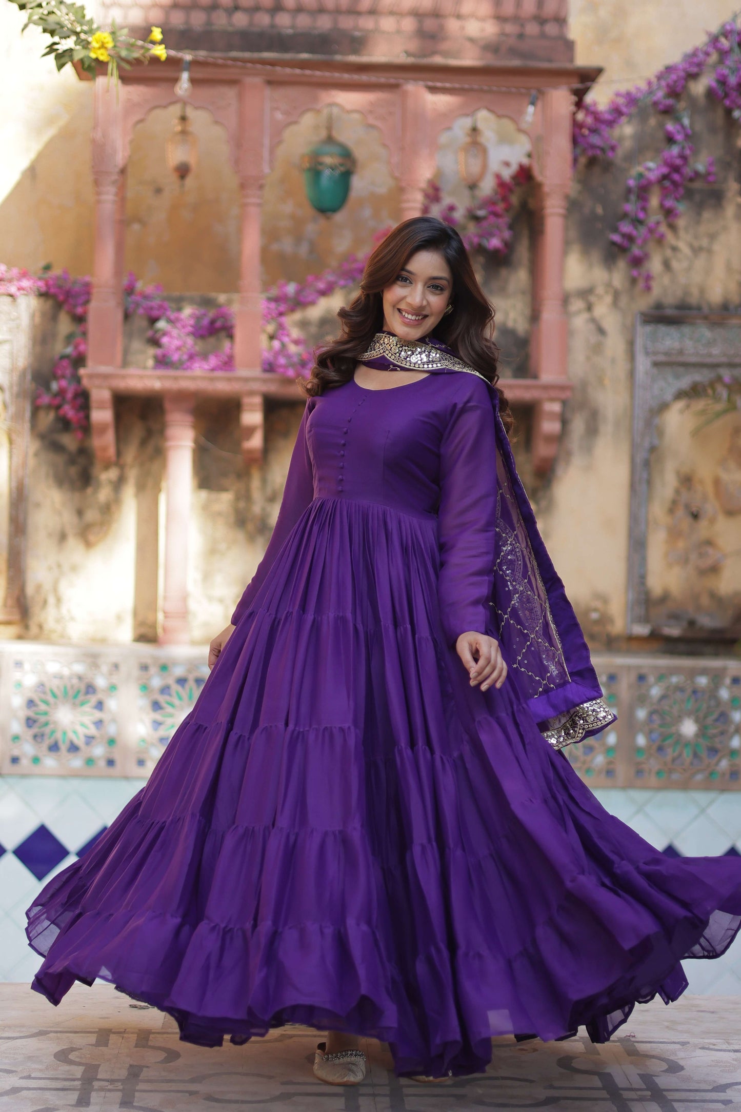 Jambli Star Georgette Fully Flared Gown with Sequins Embroidered Dupatta