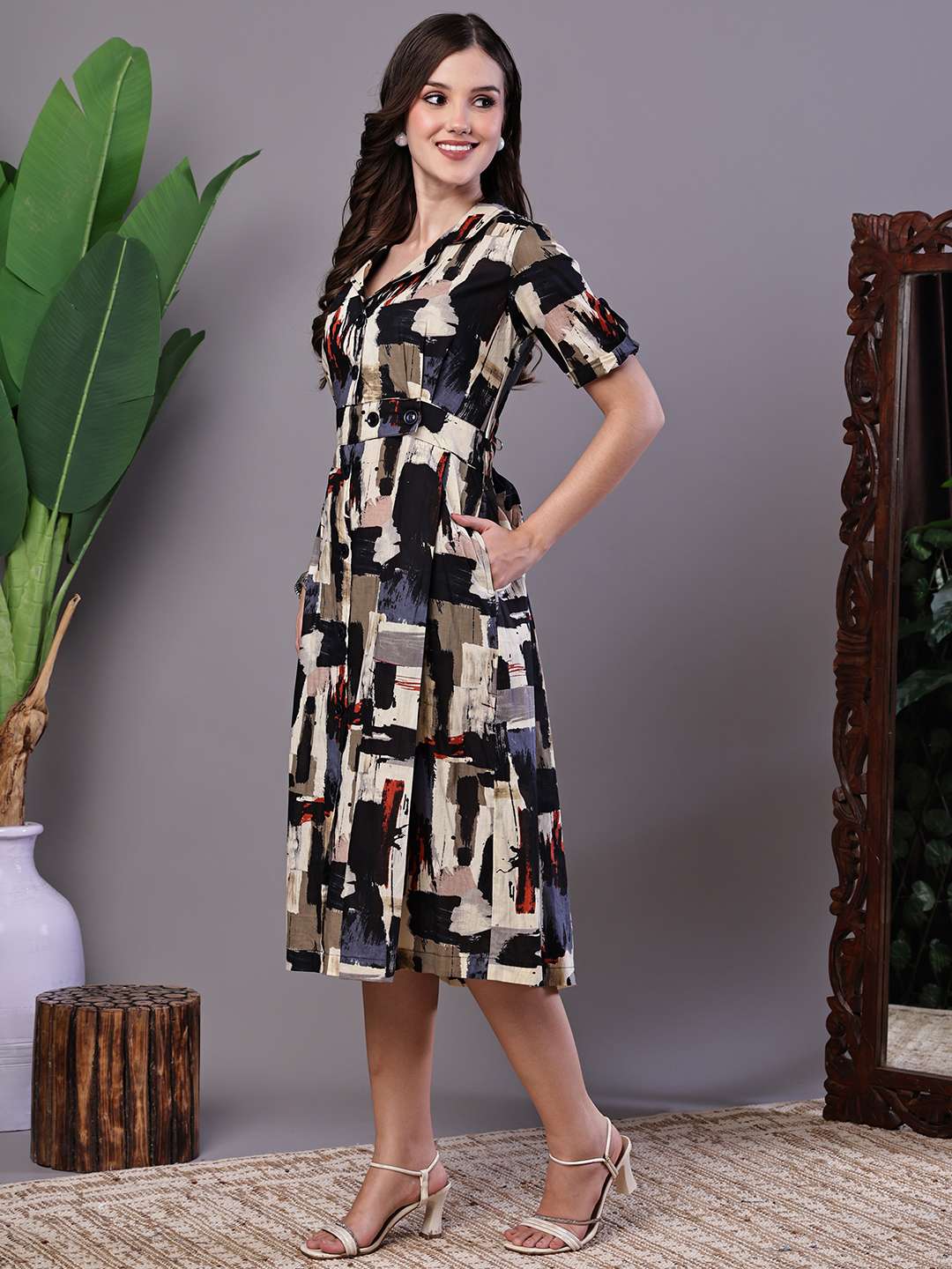 Women's Beige & Black Abstract Print Cotton Shirt Dress Midi Dresses