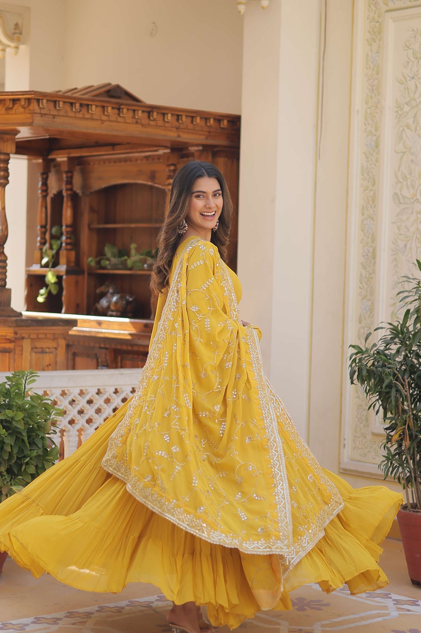 Yellow Faux Georgette Designer Gown with Sequined Dupatta  Fully Flared Elegant Party & Wedding Set