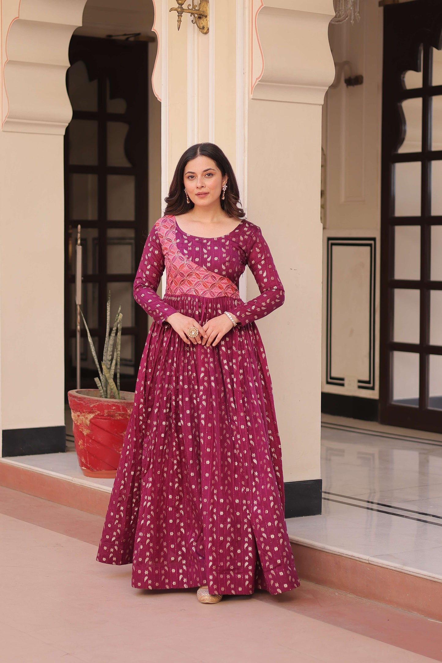 Wine Premium Position Print Choli Gown – Designer Ready-to-Wear Collection