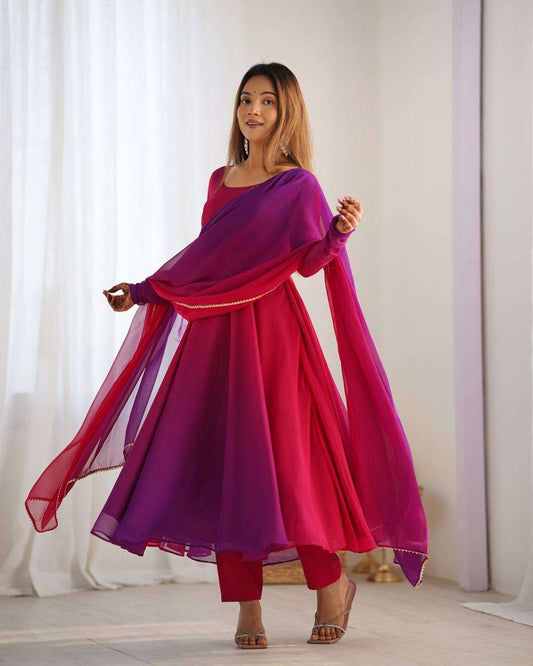 Women's Pure Romansilk Chanderi Tie-Dye Anarkali Kurti Pant With Dupatta Set