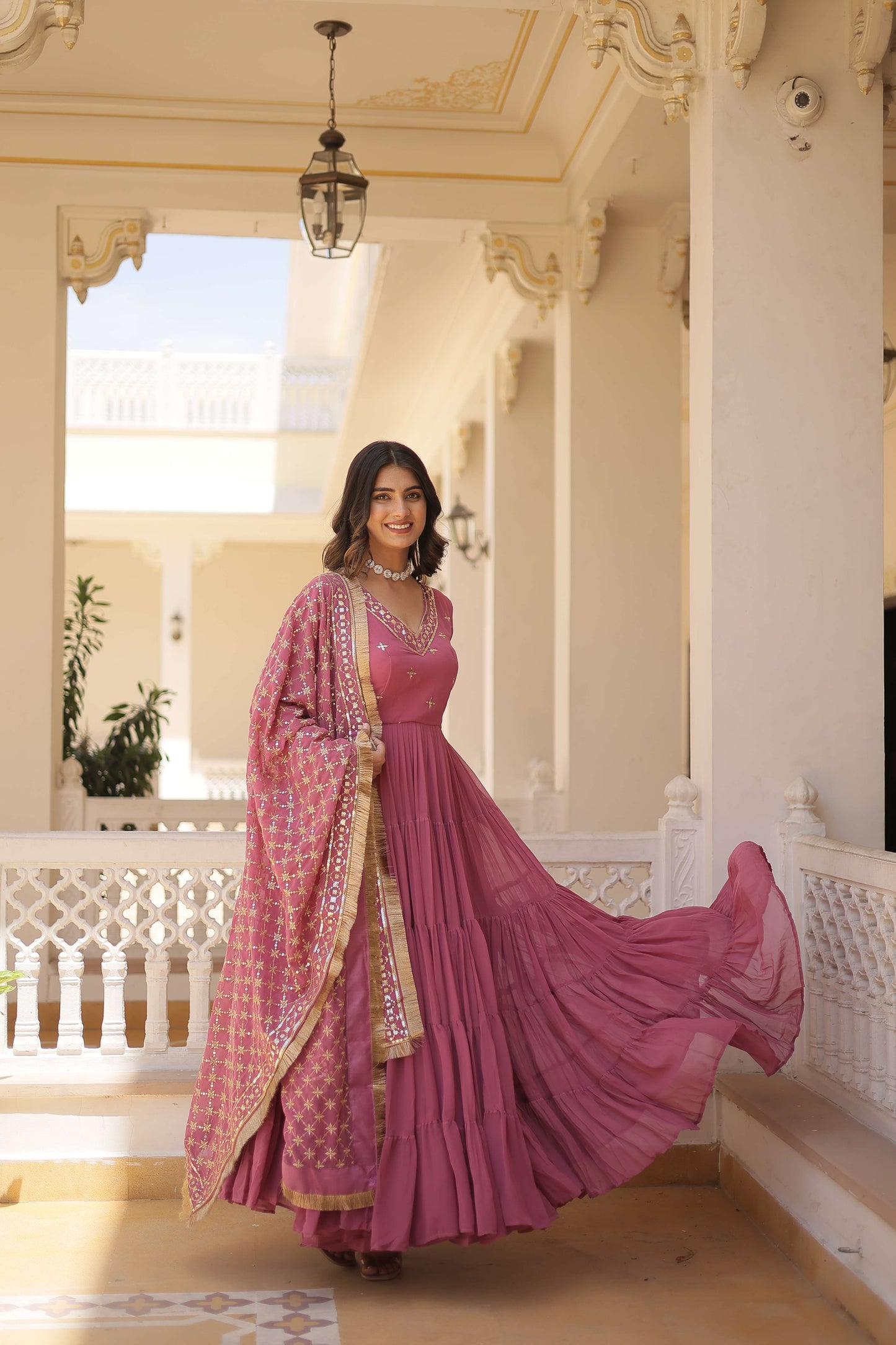 Onion Designer Faux Georgette Gown with Sequined Dupatta  Elegant Festive & Party Wear Set