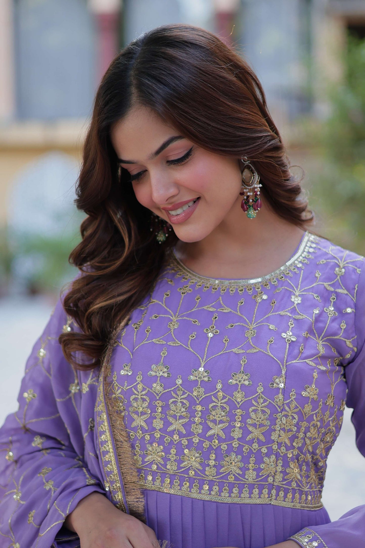 Purple Star Georgette Fully Flared Gown with Sequins Embroidered Dupatta & Lace Border
