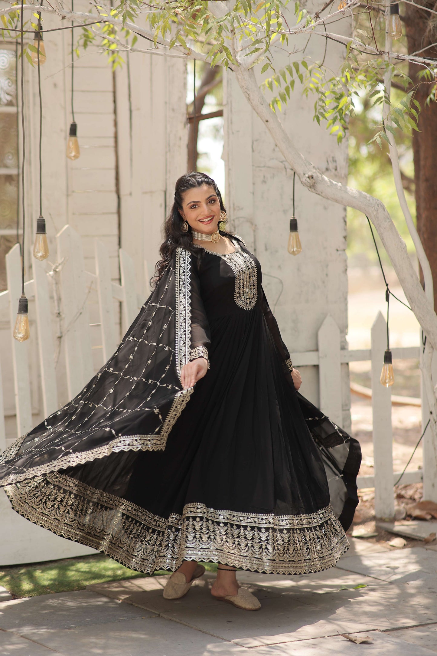 Black Faux Blooming Sequins Embroidered Gown with Matching Dupatta  Festive & Party Wear 2024