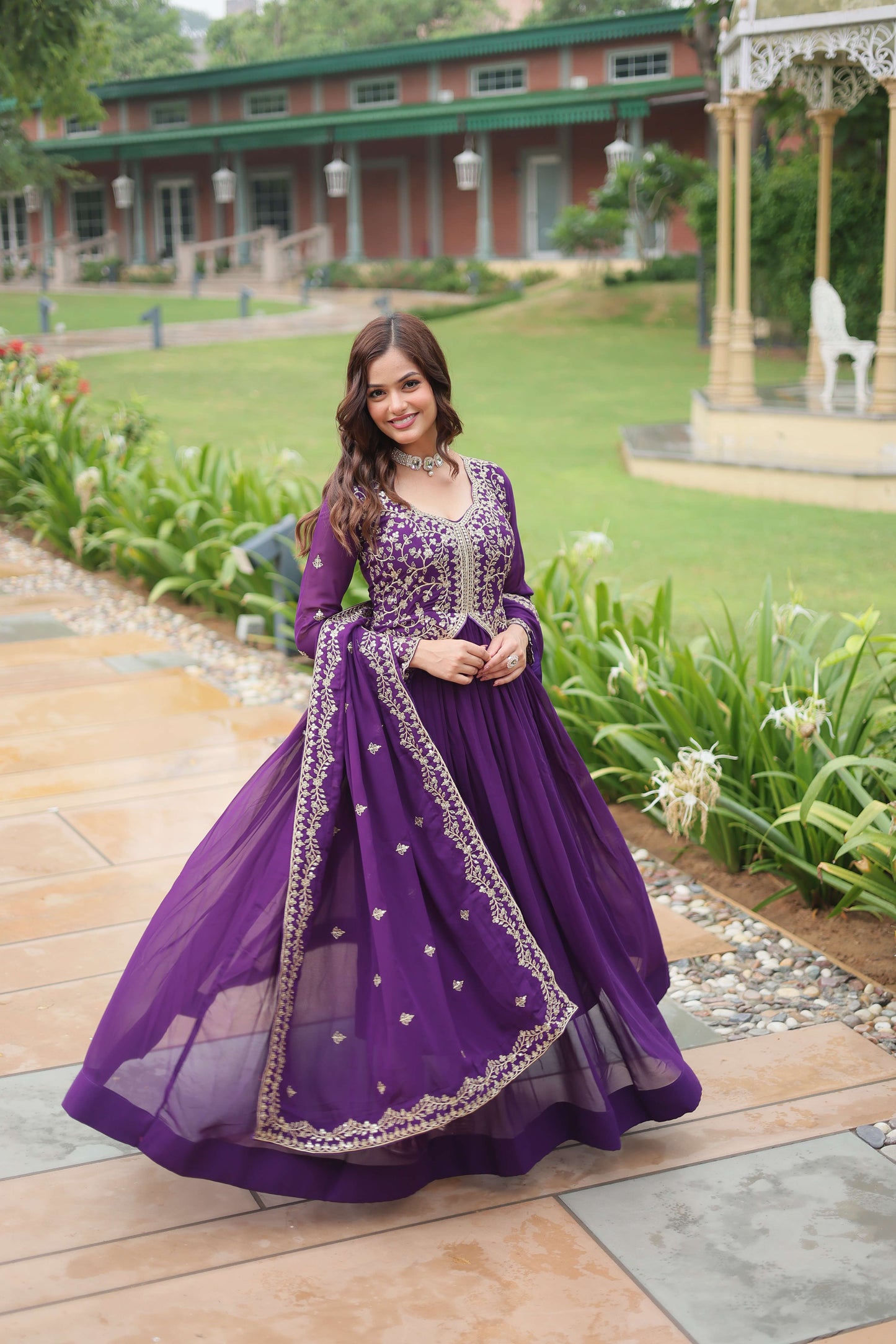 Purple Faux Blooming Sequins & Zari Embroidered Gown with Matching Dupatta