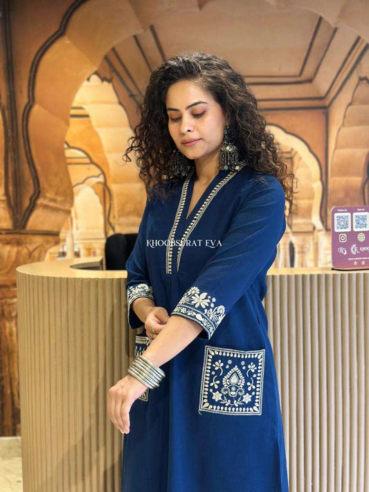 Women's Cotton Embroidery Straight Kurti With Pant Set
