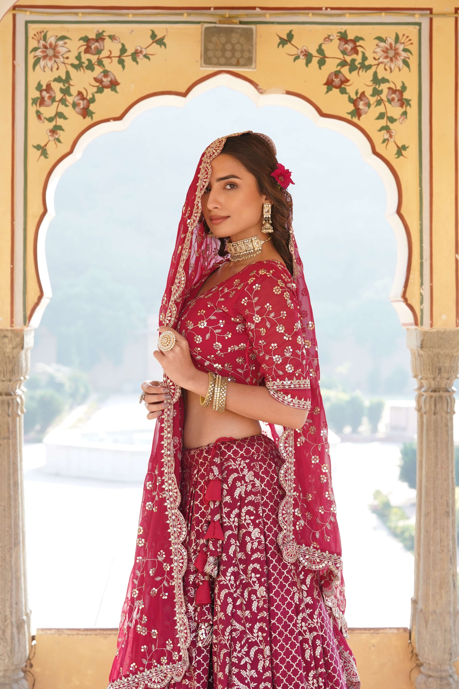 Designer Pure Viscose Jacquard Lehenga Choli with Sequins Dupatta 