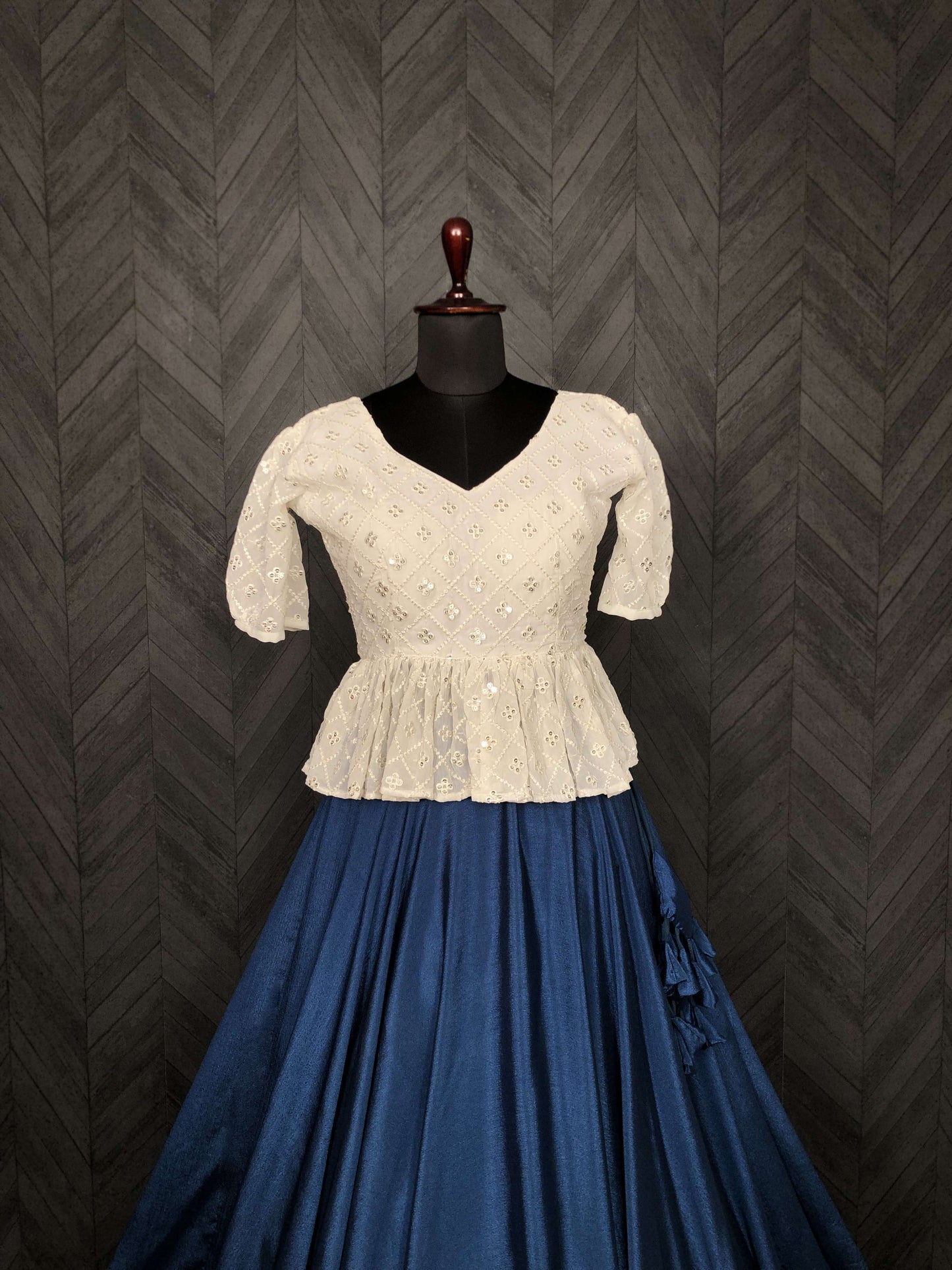Premium Chinnon Umbrella Flair Lehenga with Chikankari Embroidered Peplum Blouse