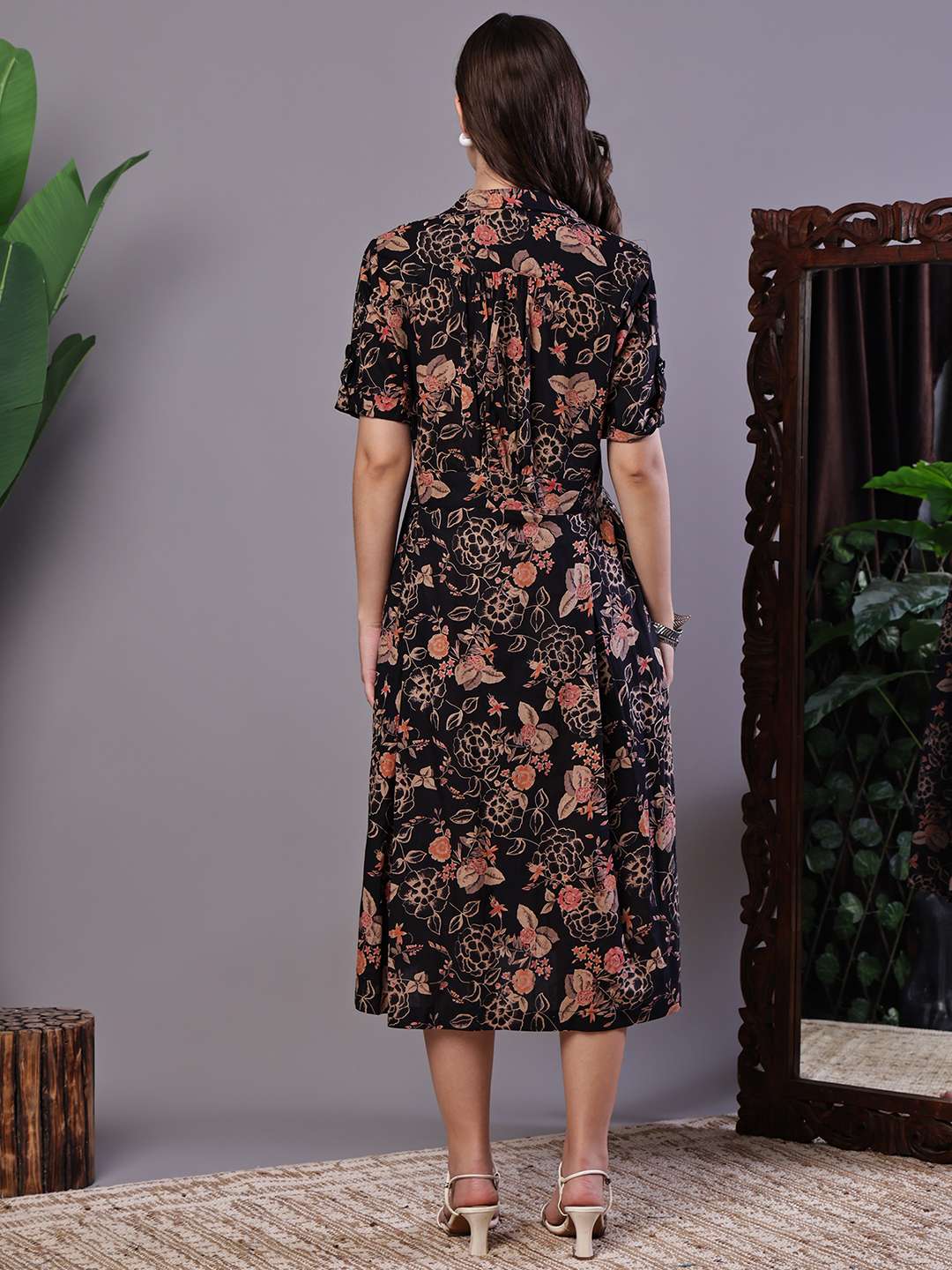 Women's Chic Black & Rust Floral Print Button-Front Midi Dress