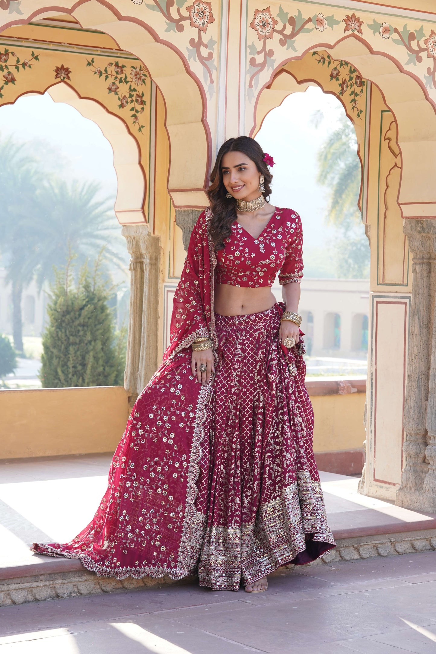 Designer Pure Viscose Jacquard Lehenga Choli with Sequins Dupatta