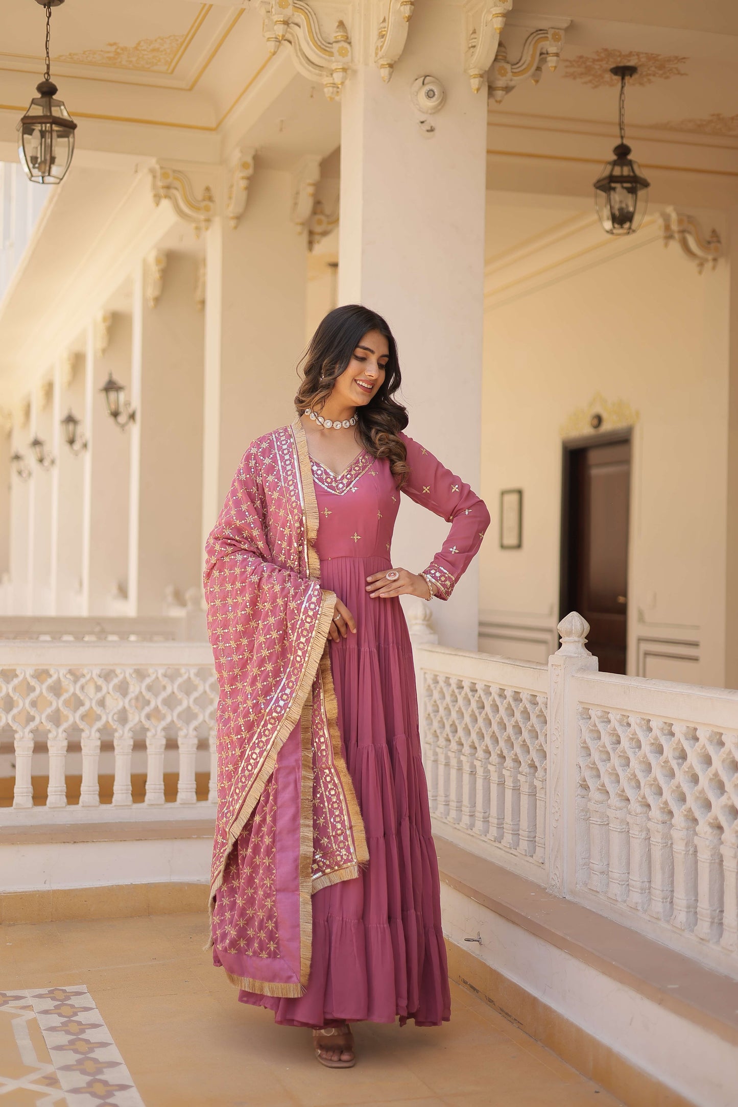Onion Designer Faux Georgette Gown with Sequined Dupatta  Elegant Festive & Party Wear Set