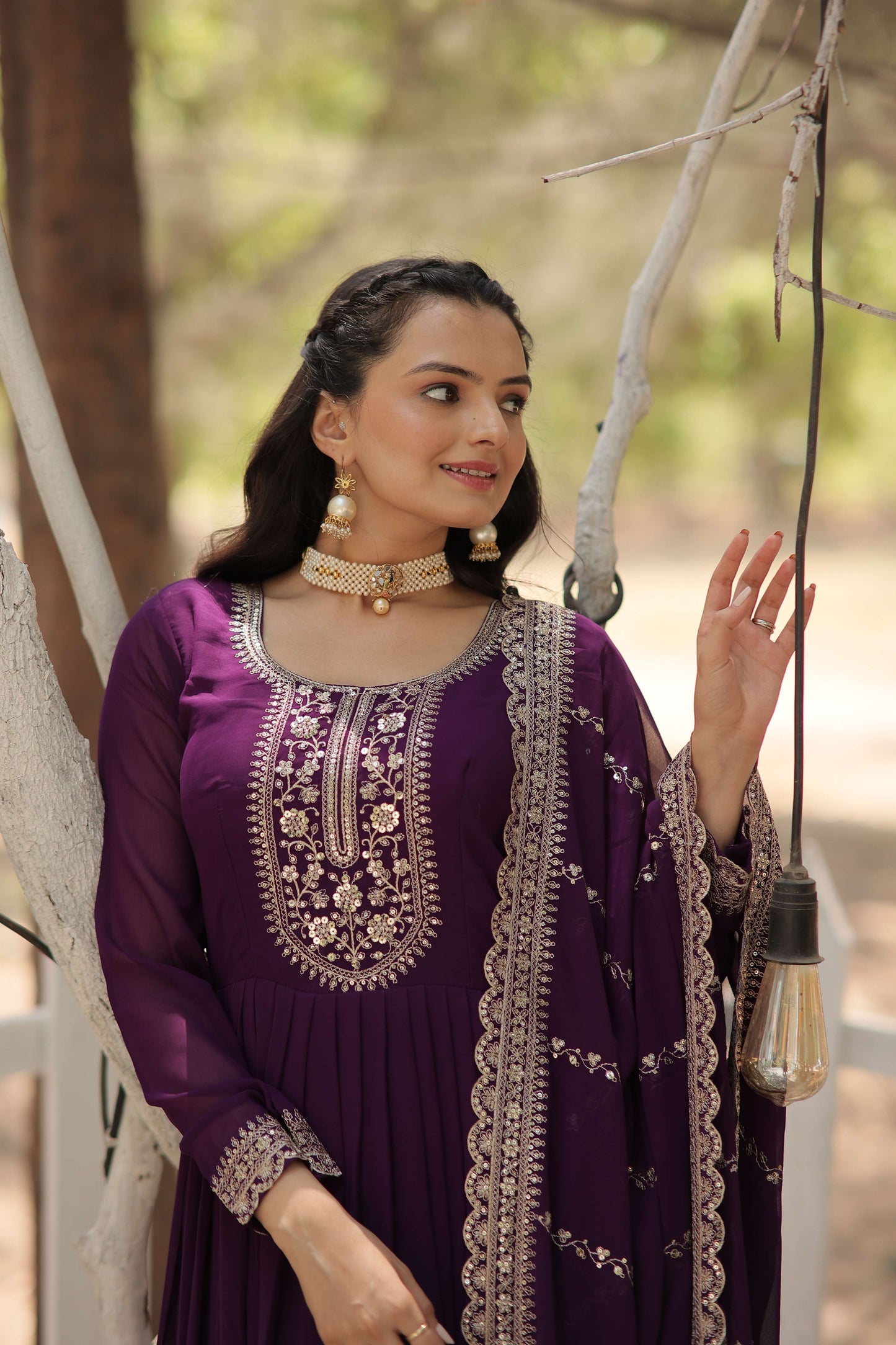 Purple Faux Blooming Sequins Embroidered Gown with Matching Dupatta  Festive & Party Wear 2024